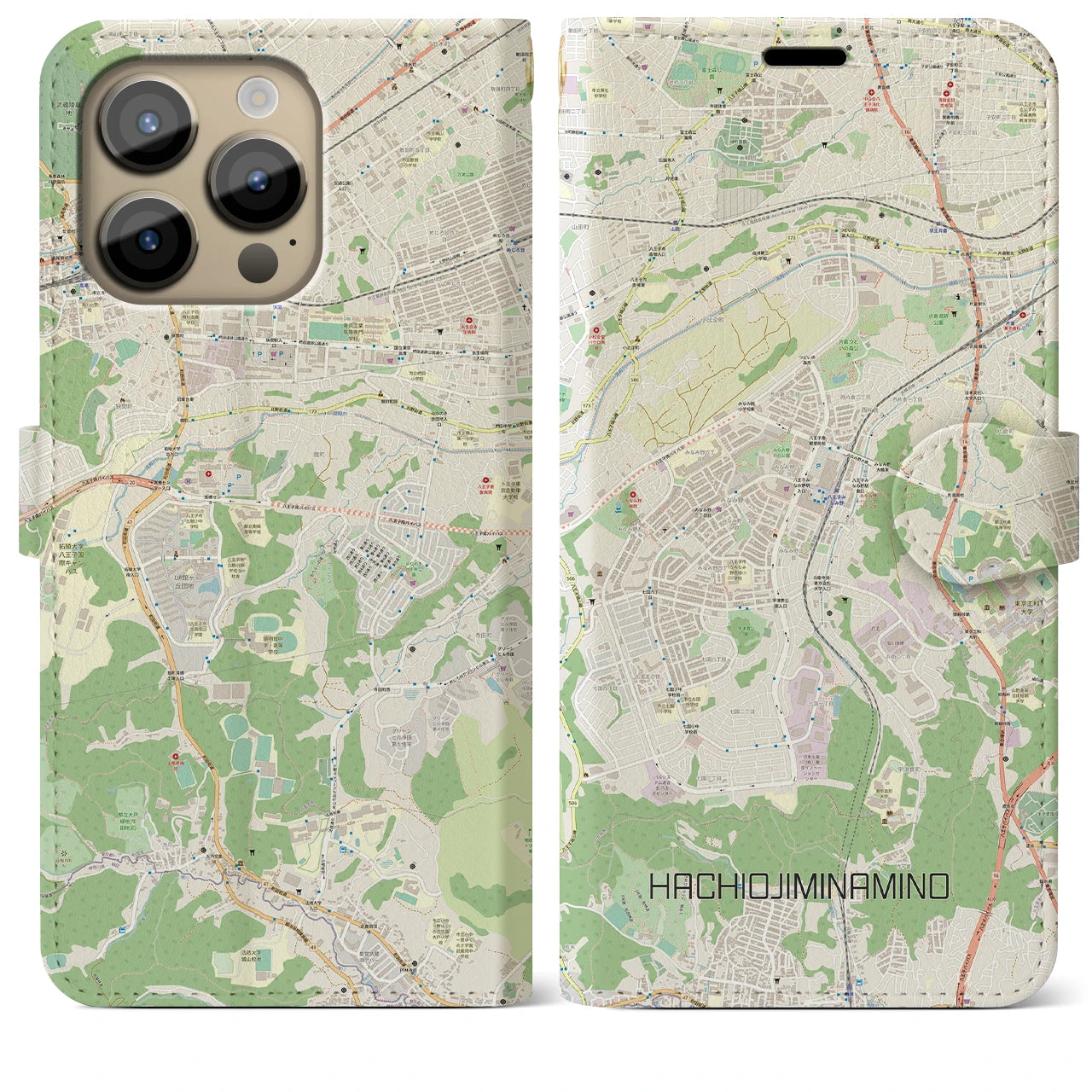 【八王子みなみ野】地図柄iPhoneケース（手帳両面タイプ・ナチュラル）iPhone 14 Pro Max 用