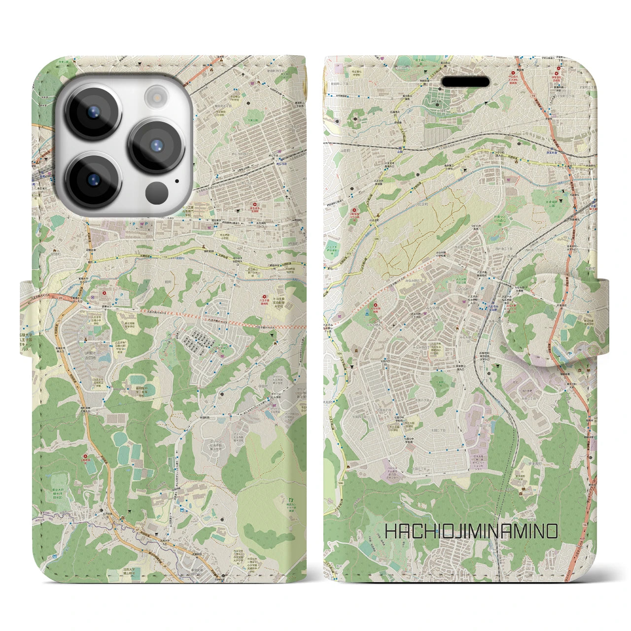 【八王子みなみ野】地図柄iPhoneケース（手帳両面タイプ・ナチュラル）iPhone 14 Pro 用