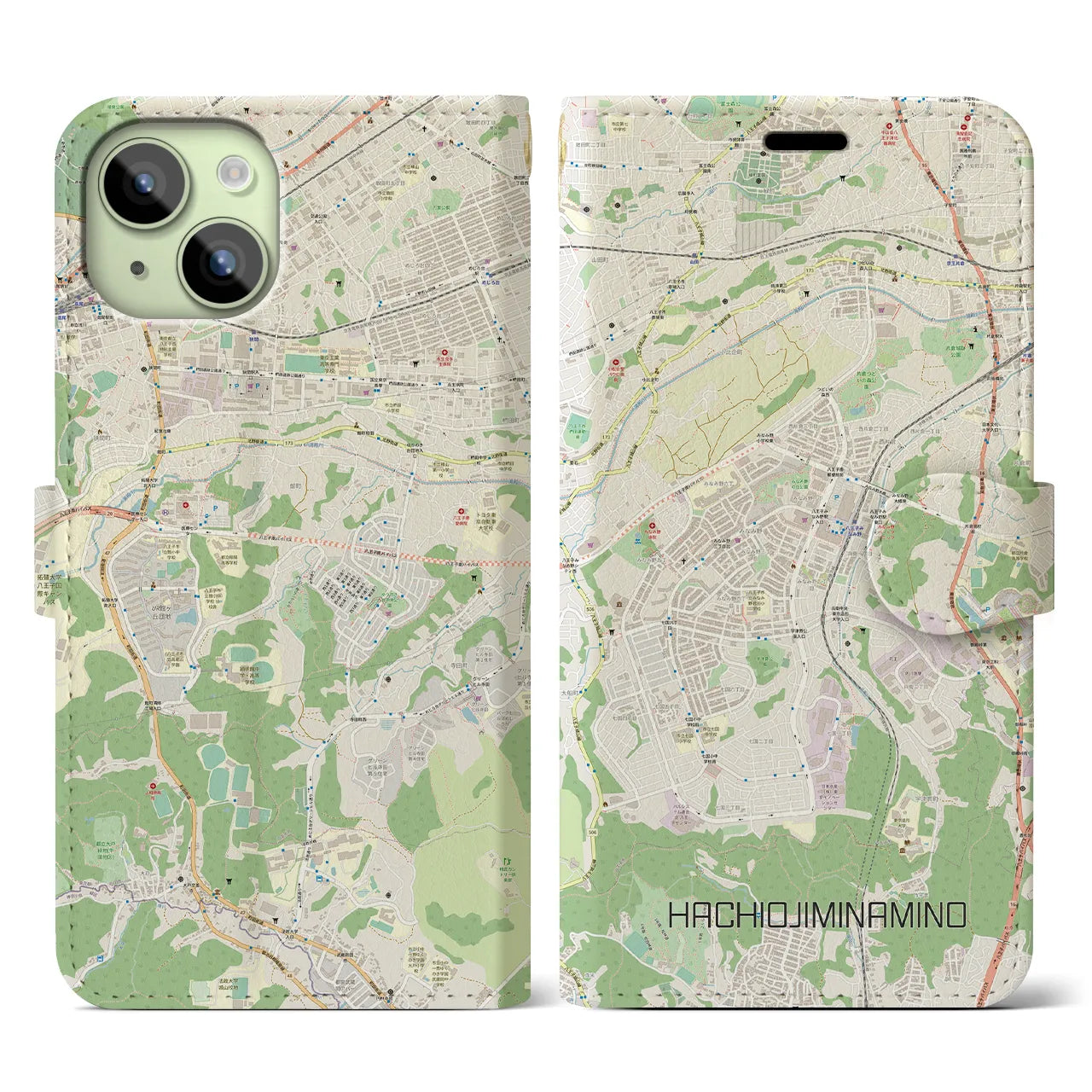 【八王子みなみ野】地図柄iPhoneケース（手帳両面タイプ・ナチュラル）iPhone 15 用