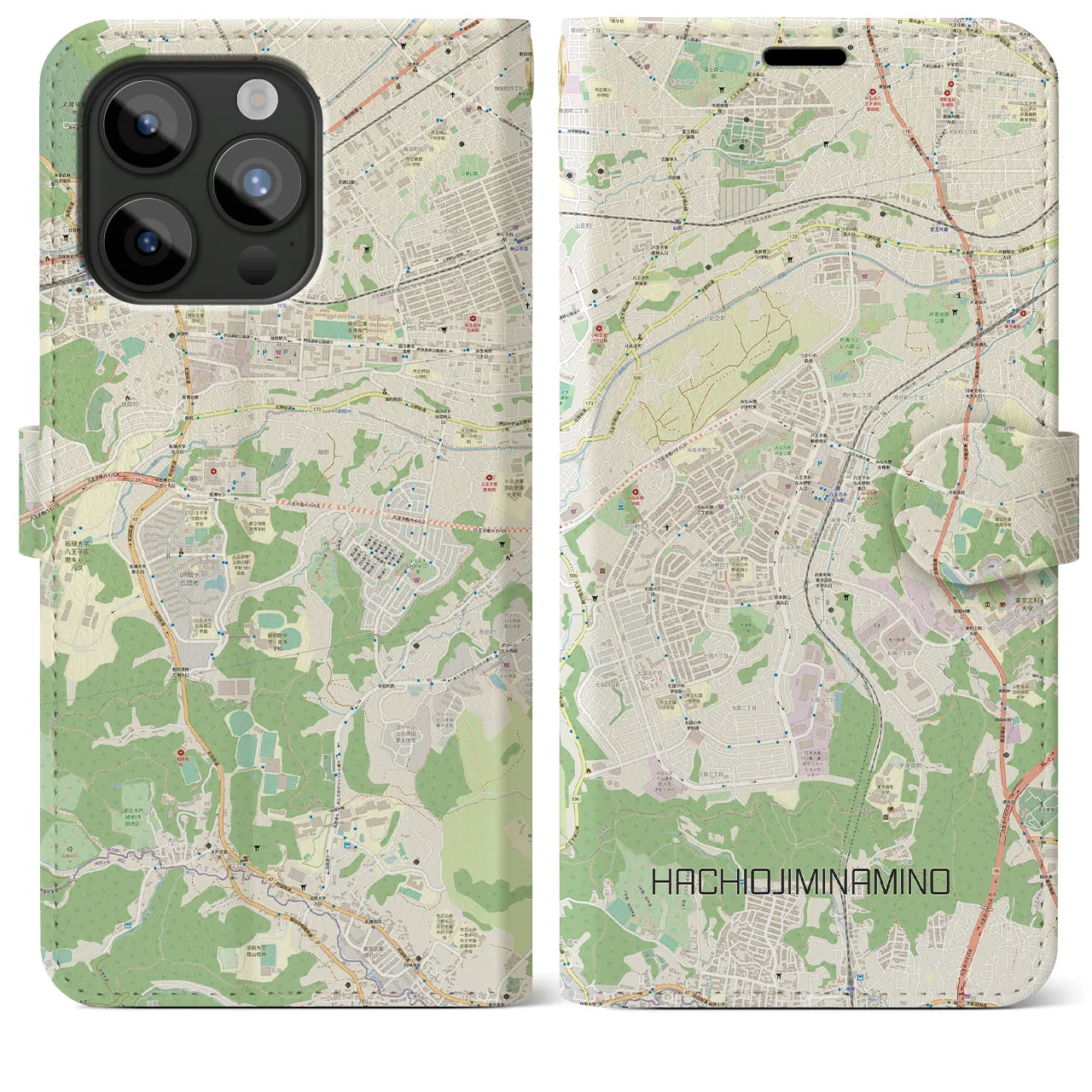 【八王子みなみ野】地図柄iPhoneケース（手帳両面タイプ・ナチュラル）iPhone 15 Pro Max 用