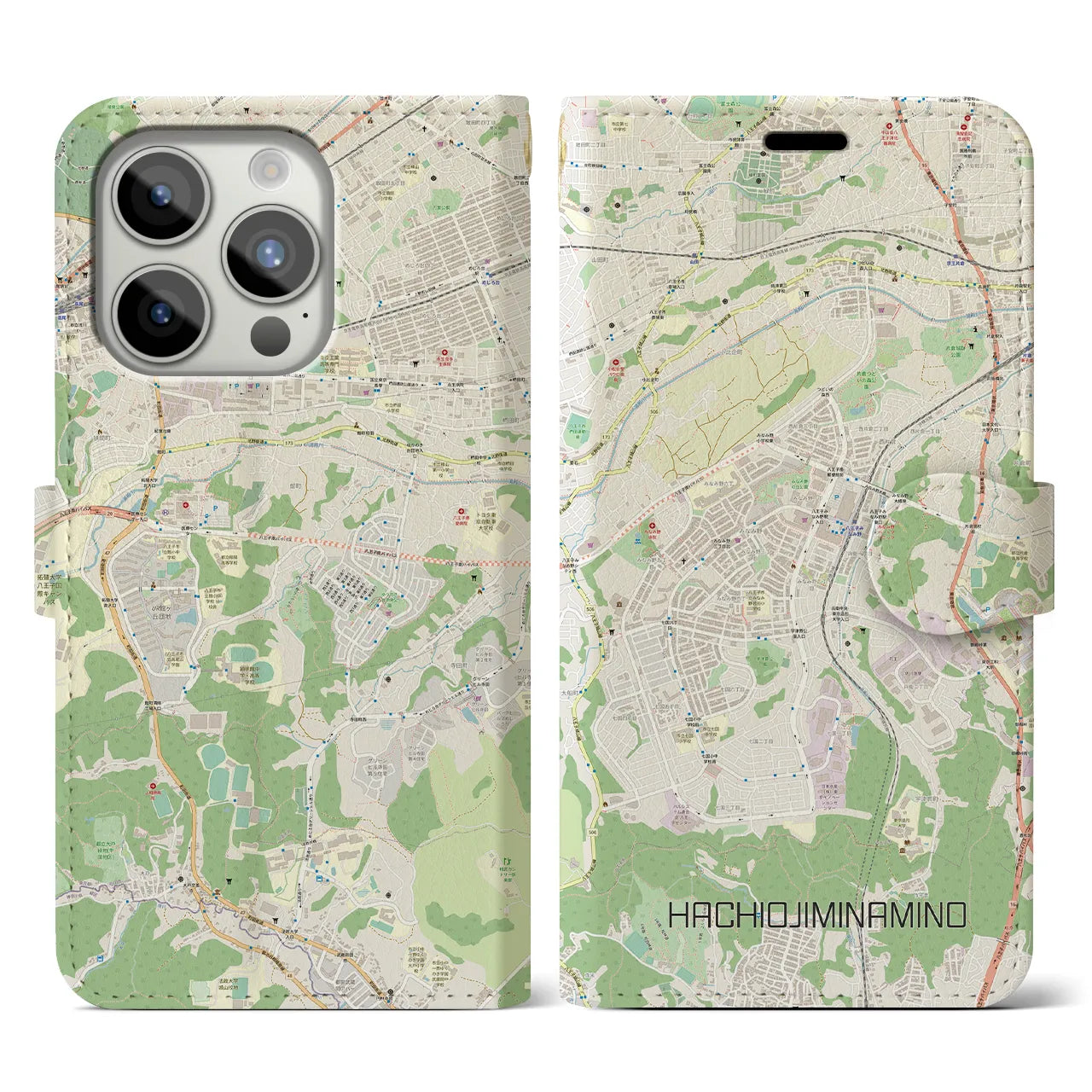 【八王子みなみ野】地図柄iPhoneケース（手帳両面タイプ・ナチュラル）iPhone 15 Pro 用