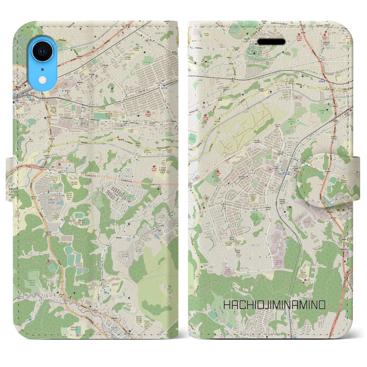 【八王子みなみ野】地図柄iPhoneケース（手帳両面タイプ・ナチュラル）iPhone XR 用