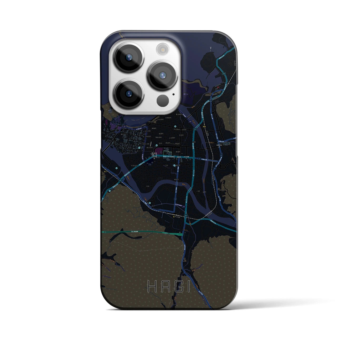 【萩2】地図柄iPhoneケース（バックカバータイプ・ブラック）iPhone 14 Pro 用