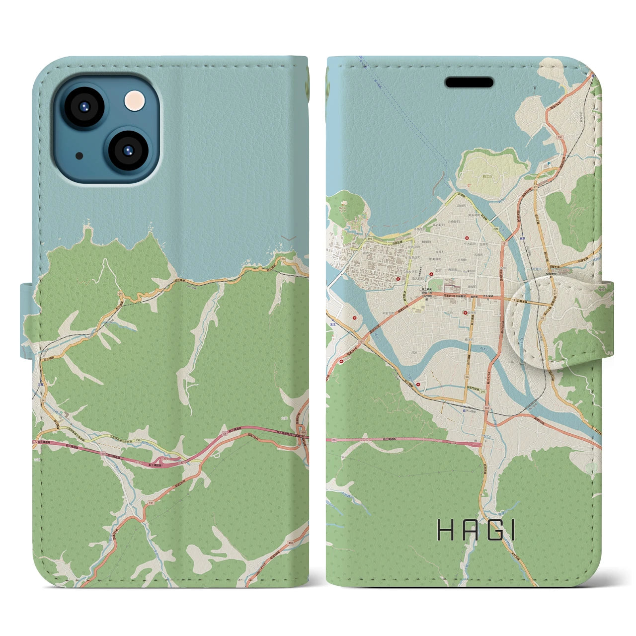 【萩2】地図柄iPhoneケース（手帳両面タイプ・ナチュラル）iPhone 13 用