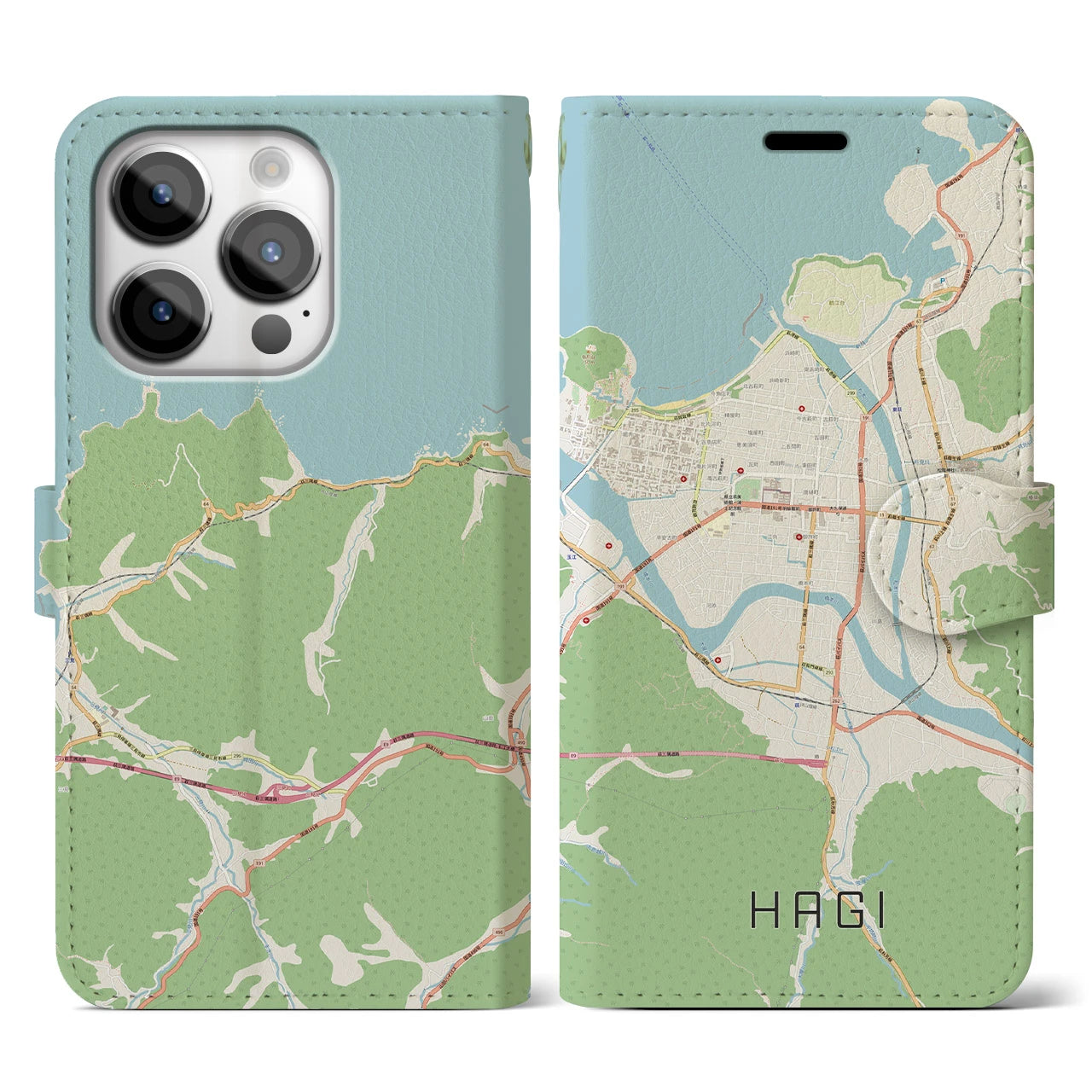 【萩2】地図柄iPhoneケース（手帳両面タイプ・ナチュラル）iPhone 14 Pro 用