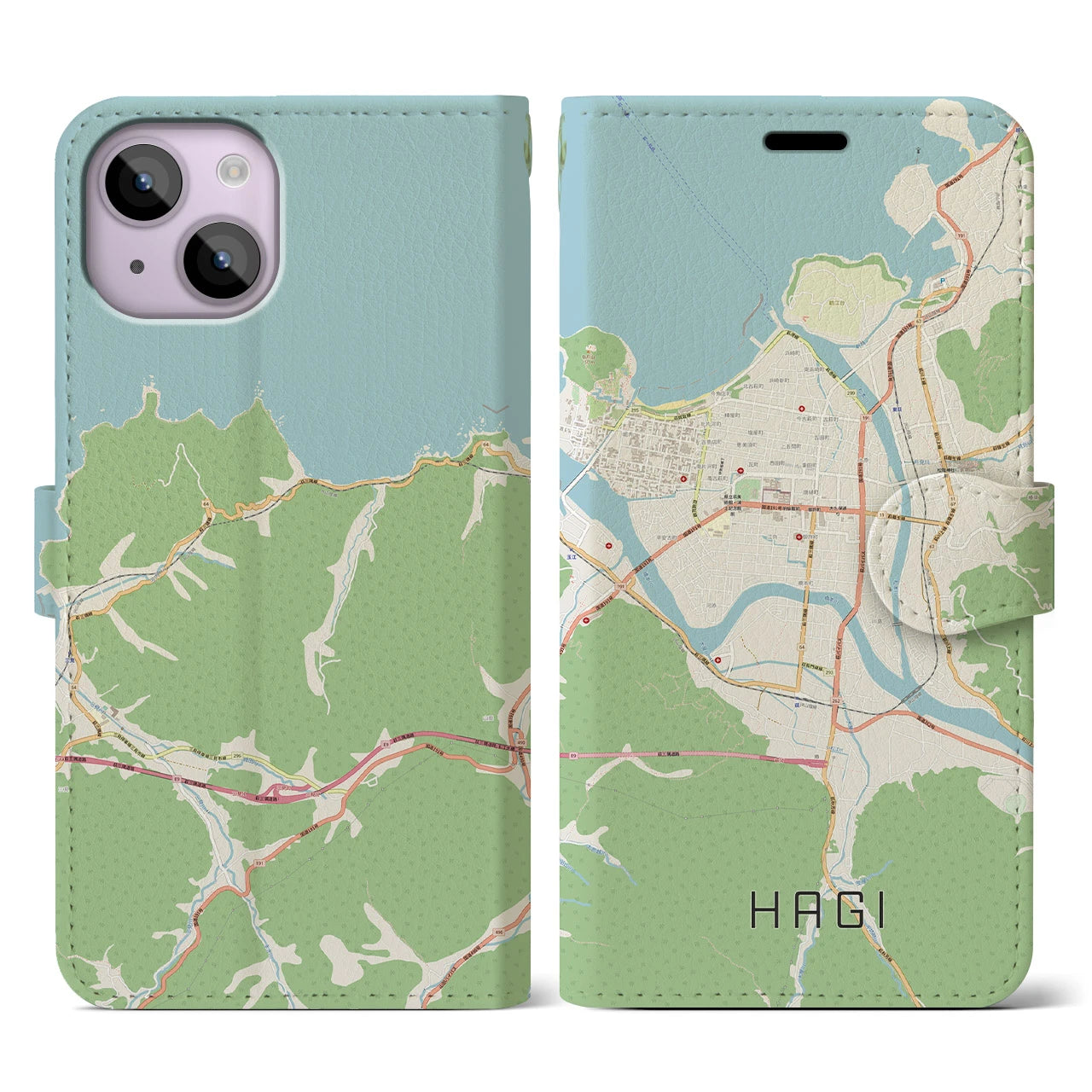 【萩2】地図柄iPhoneケース（手帳両面タイプ・ナチュラル）iPhone 14 用