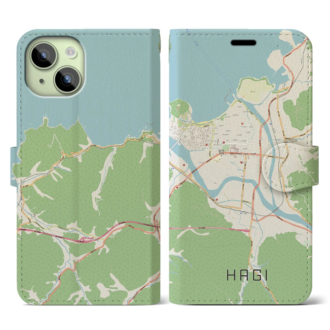 【萩2】地図柄iPhoneケース（手帳両面タイプ・ナチュラル）iPhone 15 用