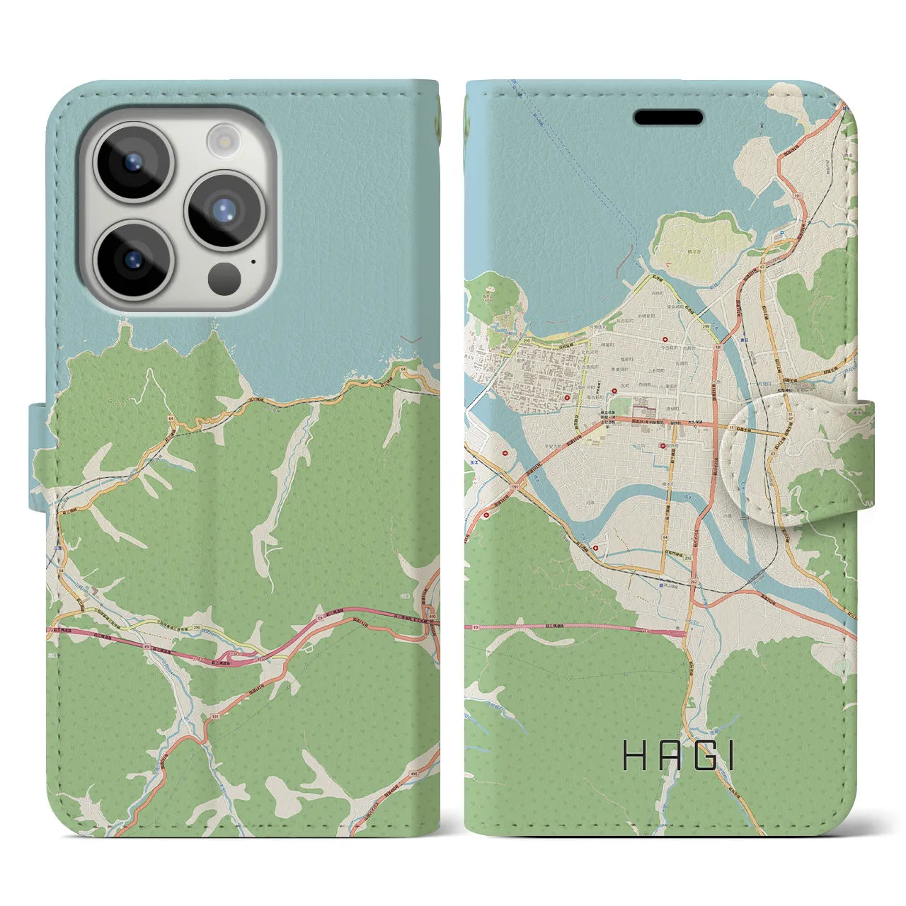 【萩2】地図柄iPhoneケース（手帳両面タイプ・ナチュラル）iPhone 15 Pro 用