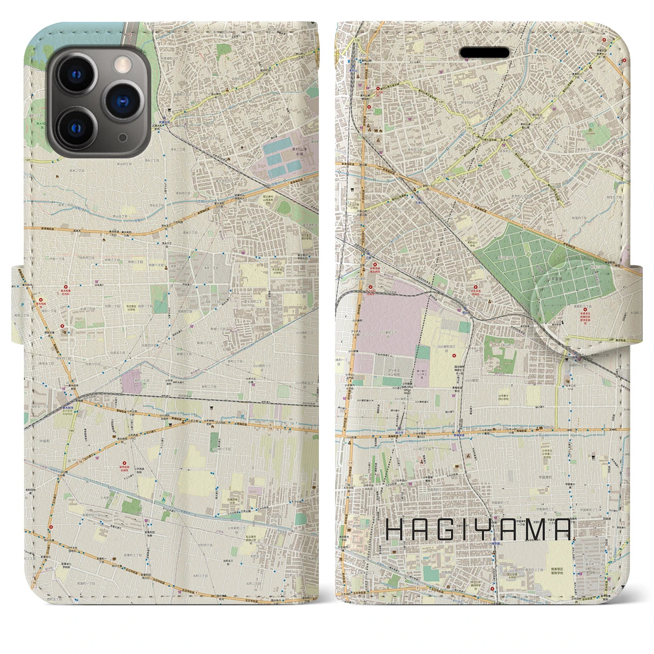 【萩山】地図柄iPhoneケース（手帳両面タイプ・ナチュラル）iPhone 11 Pro Max 用