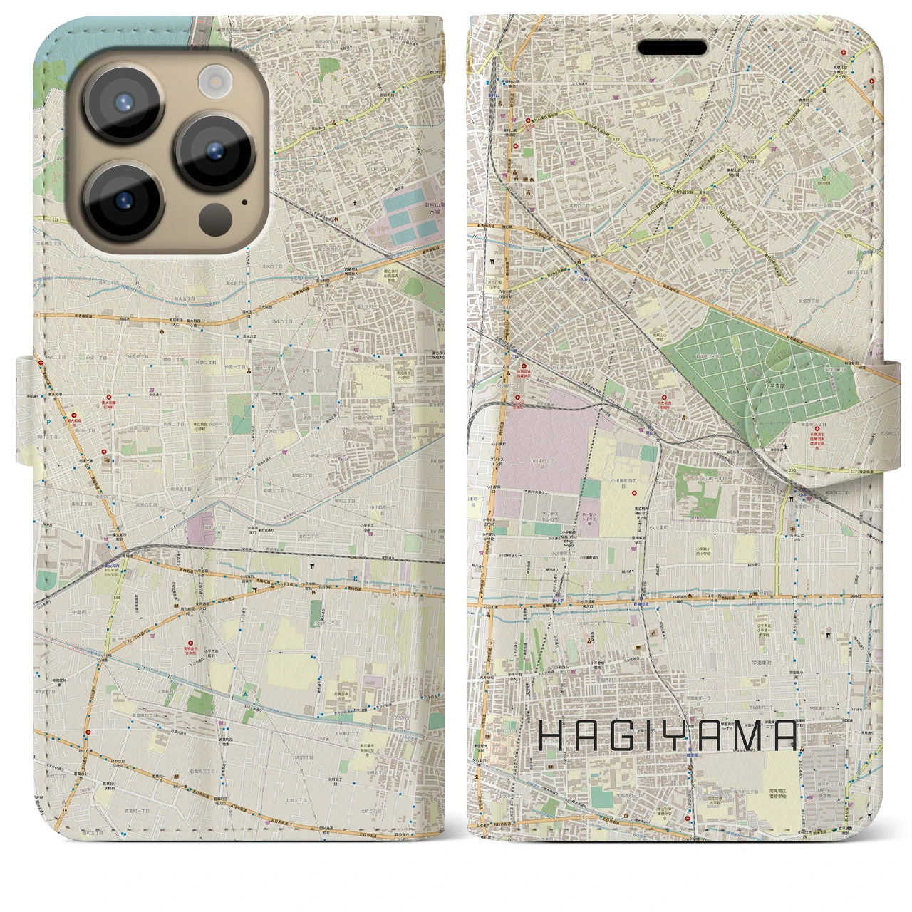 【萩山】地図柄iPhoneケース（手帳両面タイプ・ナチュラル）iPhone 14 Pro Max 用