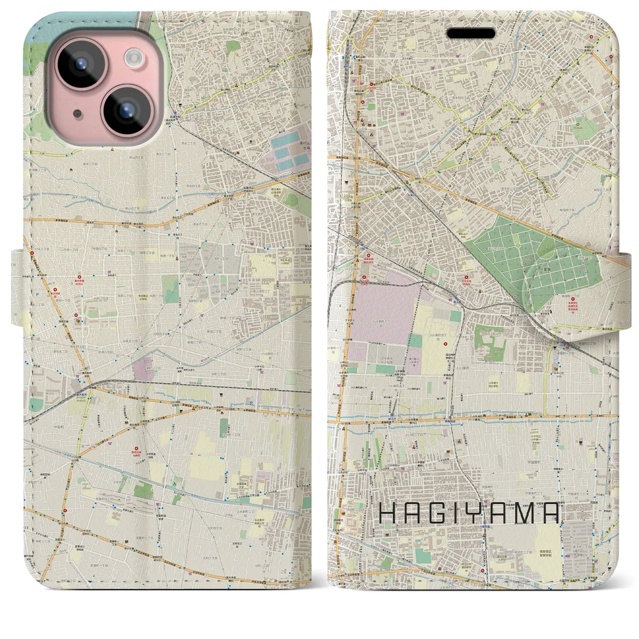 【萩山】地図柄iPhoneケース（手帳両面タイプ・ナチュラル）iPhone 15 Plus 用