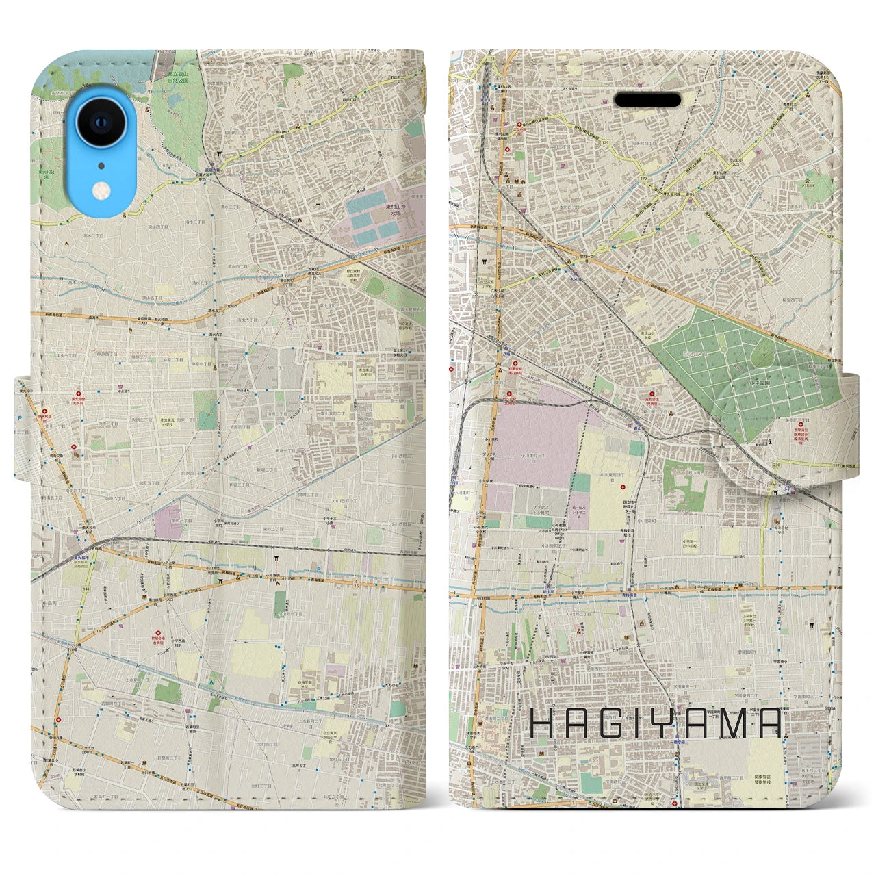 【萩山】地図柄iPhoneケース（手帳両面タイプ・ナチュラル）iPhone XR 用