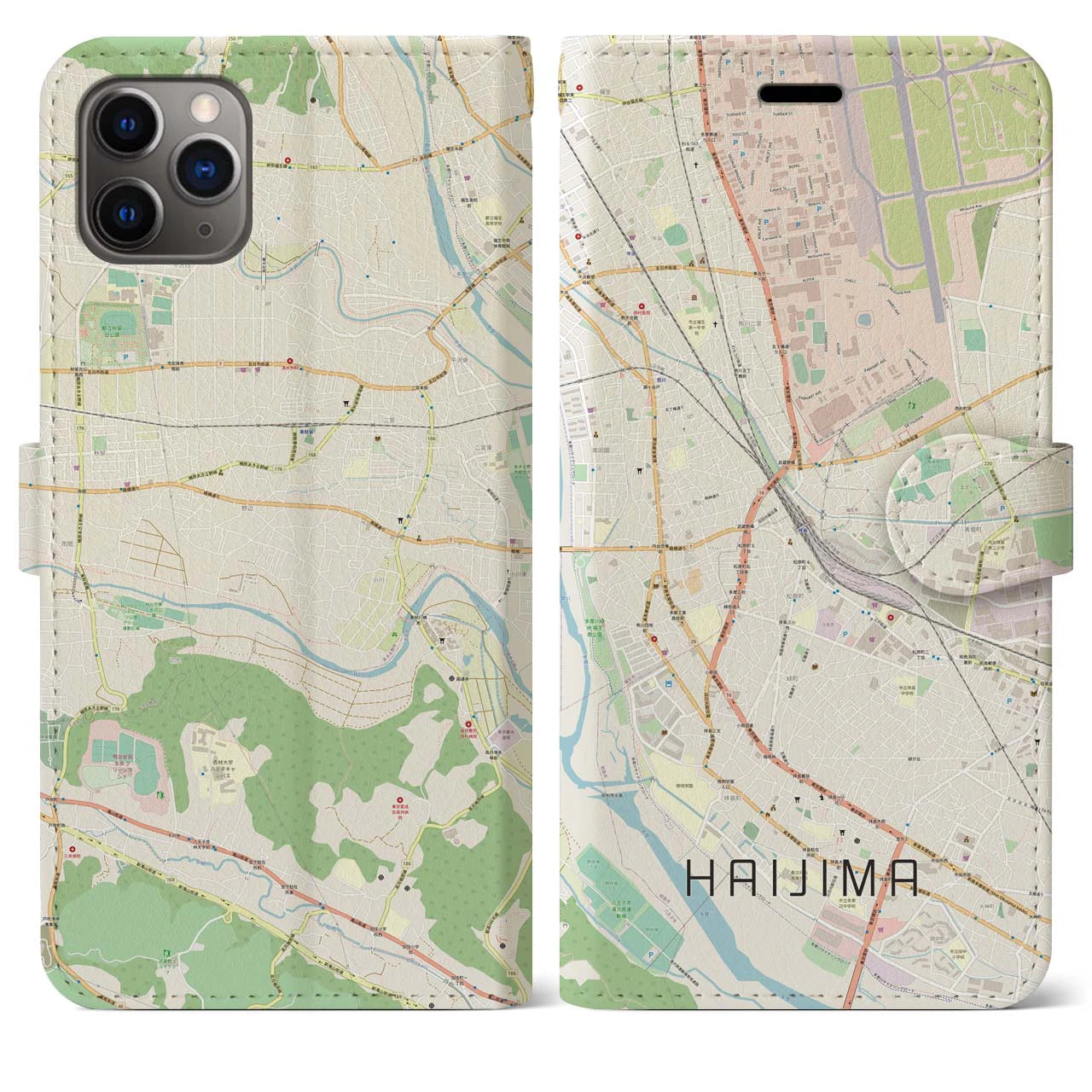 【拝島】地図柄iPhoneケース（手帳両面タイプ・ナチュラル）iPhone 11 Pro Max 用