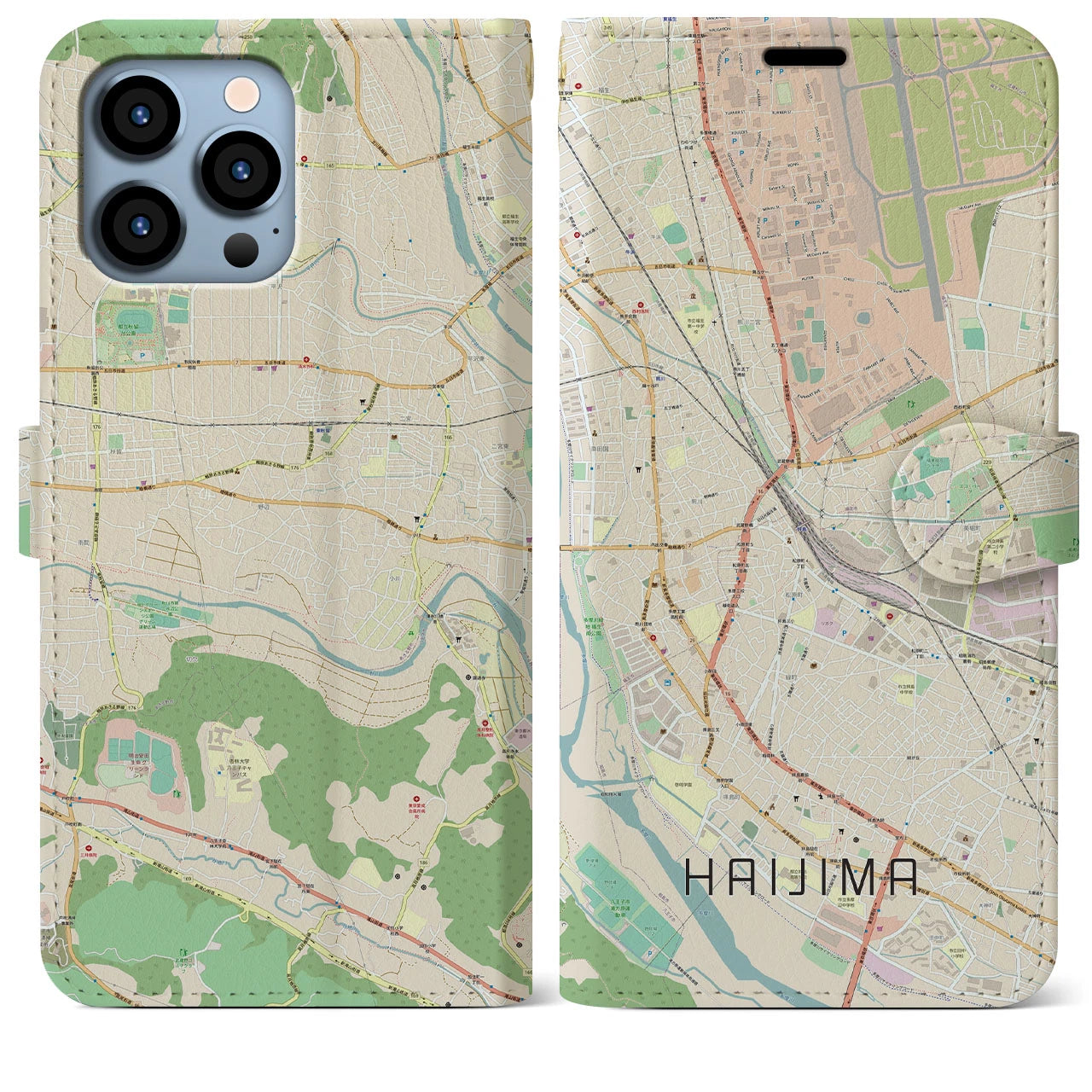 【拝島】地図柄iPhoneケース（手帳両面タイプ・ナチュラル）iPhone 13 Pro Max 用