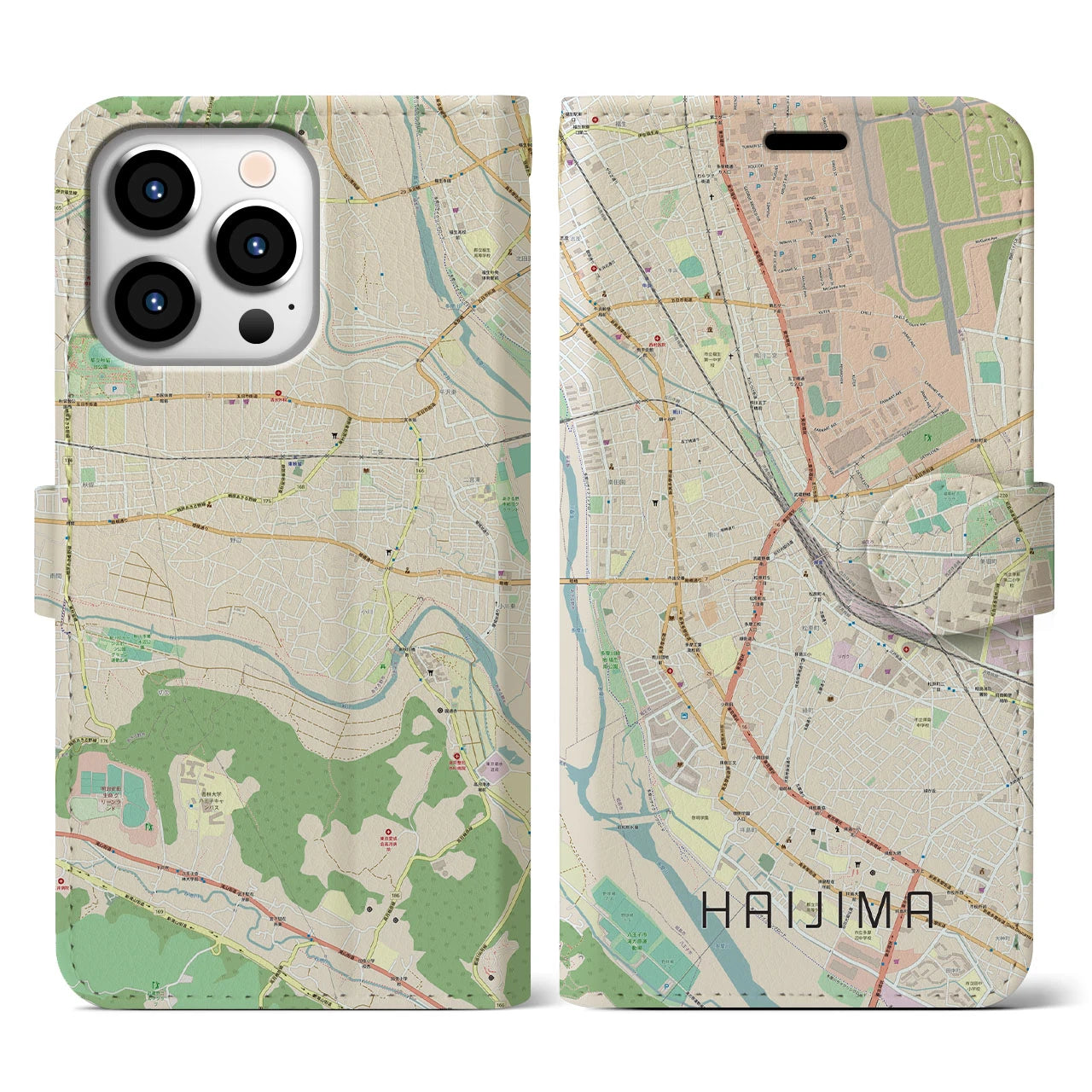 【拝島】地図柄iPhoneケース（手帳両面タイプ・ナチュラル）iPhone 13 Pro 用