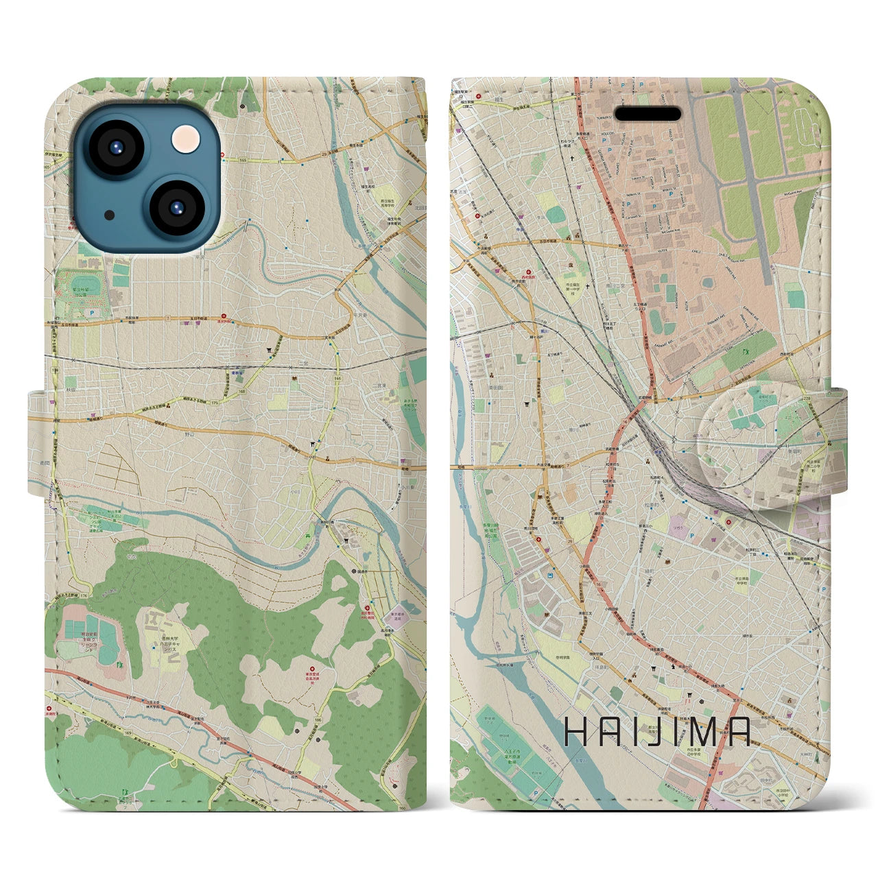 【拝島】地図柄iPhoneケース（手帳両面タイプ・ナチュラル）iPhone 13 用