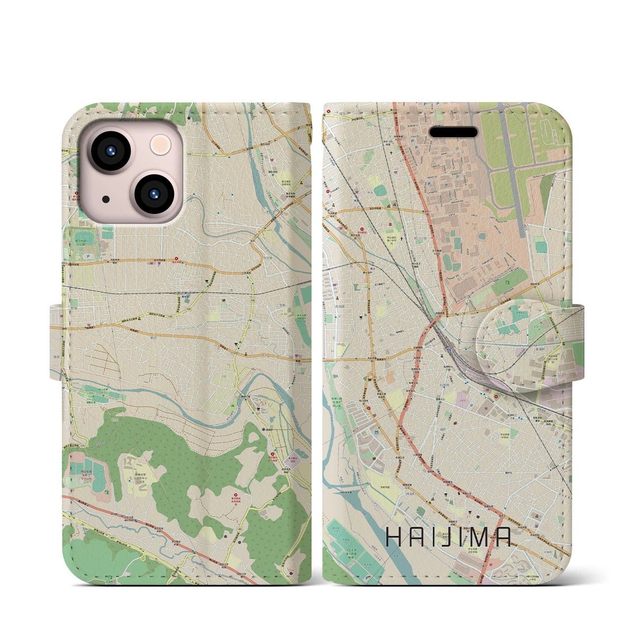 【拝島】地図柄iPhoneケース（手帳両面タイプ・ナチュラル）iPhone 13 mini 用