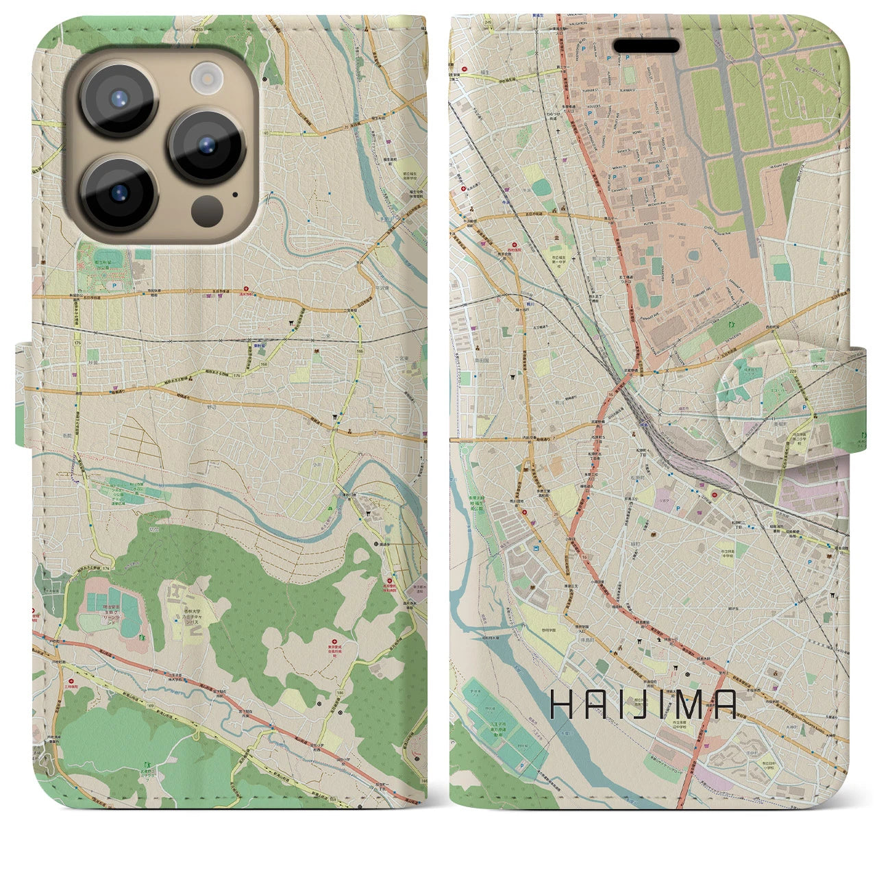 【拝島】地図柄iPhoneケース（手帳両面タイプ・ナチュラル）iPhone 14 Pro Max 用
