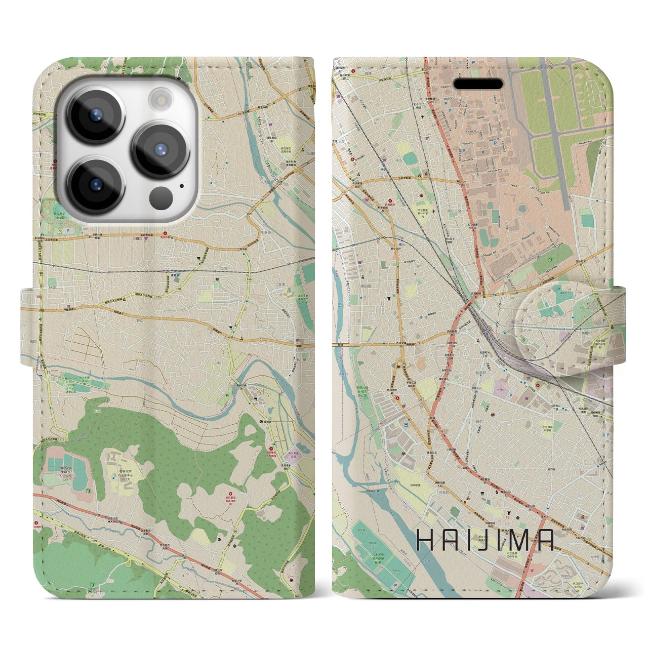【拝島】地図柄iPhoneケース（手帳両面タイプ・ナチュラル）iPhone 14 Pro 用