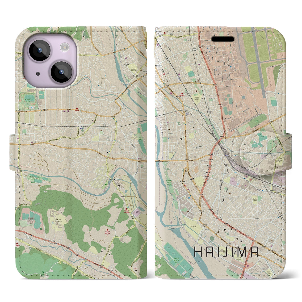 【拝島】地図柄iPhoneケース（手帳両面タイプ・ナチュラル）iPhone 14 用