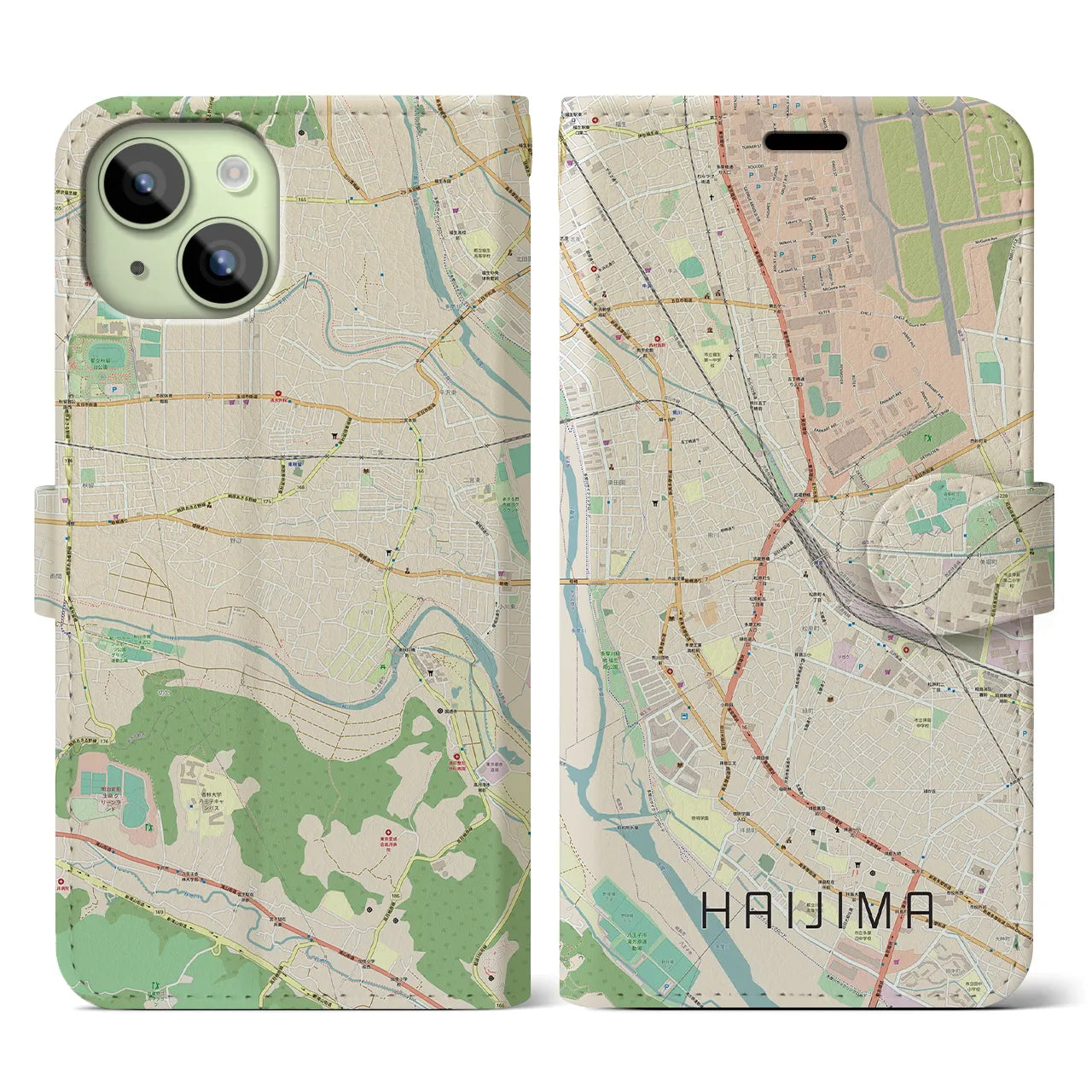 【拝島】地図柄iPhoneケース（手帳両面タイプ・ナチュラル）iPhone 15 用