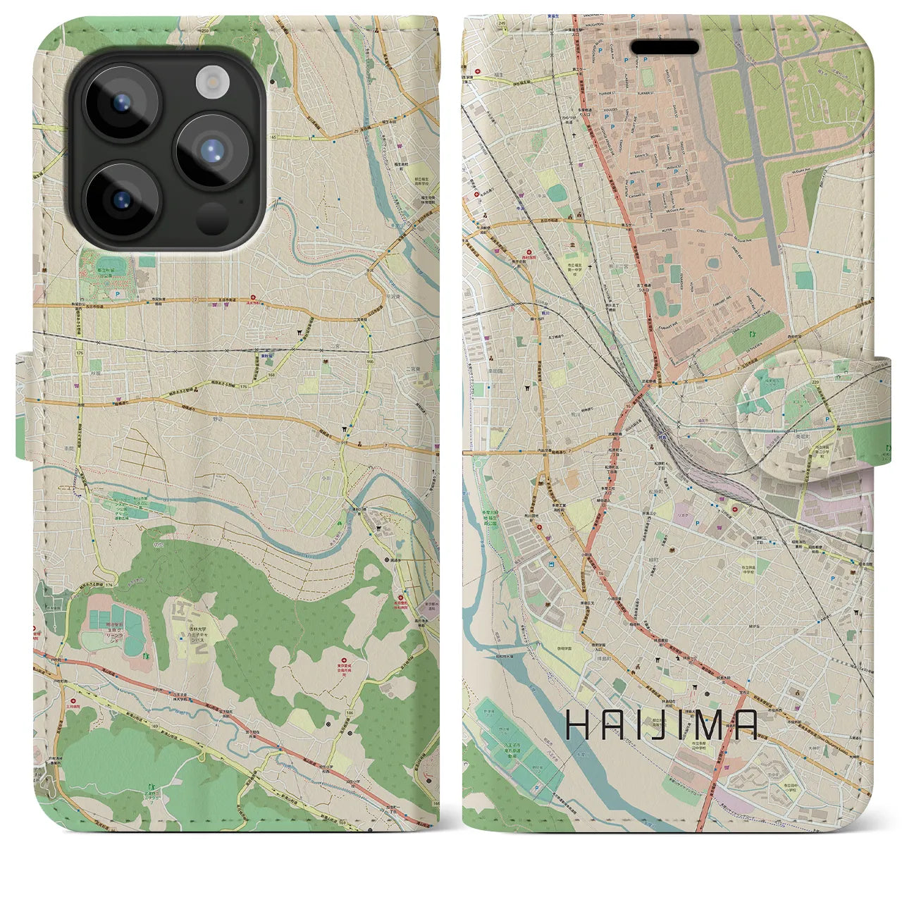 【拝島】地図柄iPhoneケース（手帳両面タイプ・ナチュラル）iPhone 15 Pro Max 用