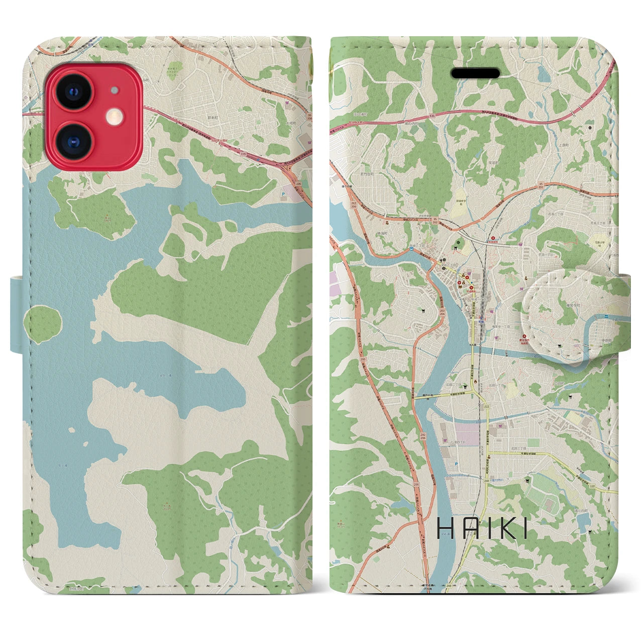 【早岐】地図柄iPhoneケース（手帳両面タイプ・ナチュラル）iPhone 11 用