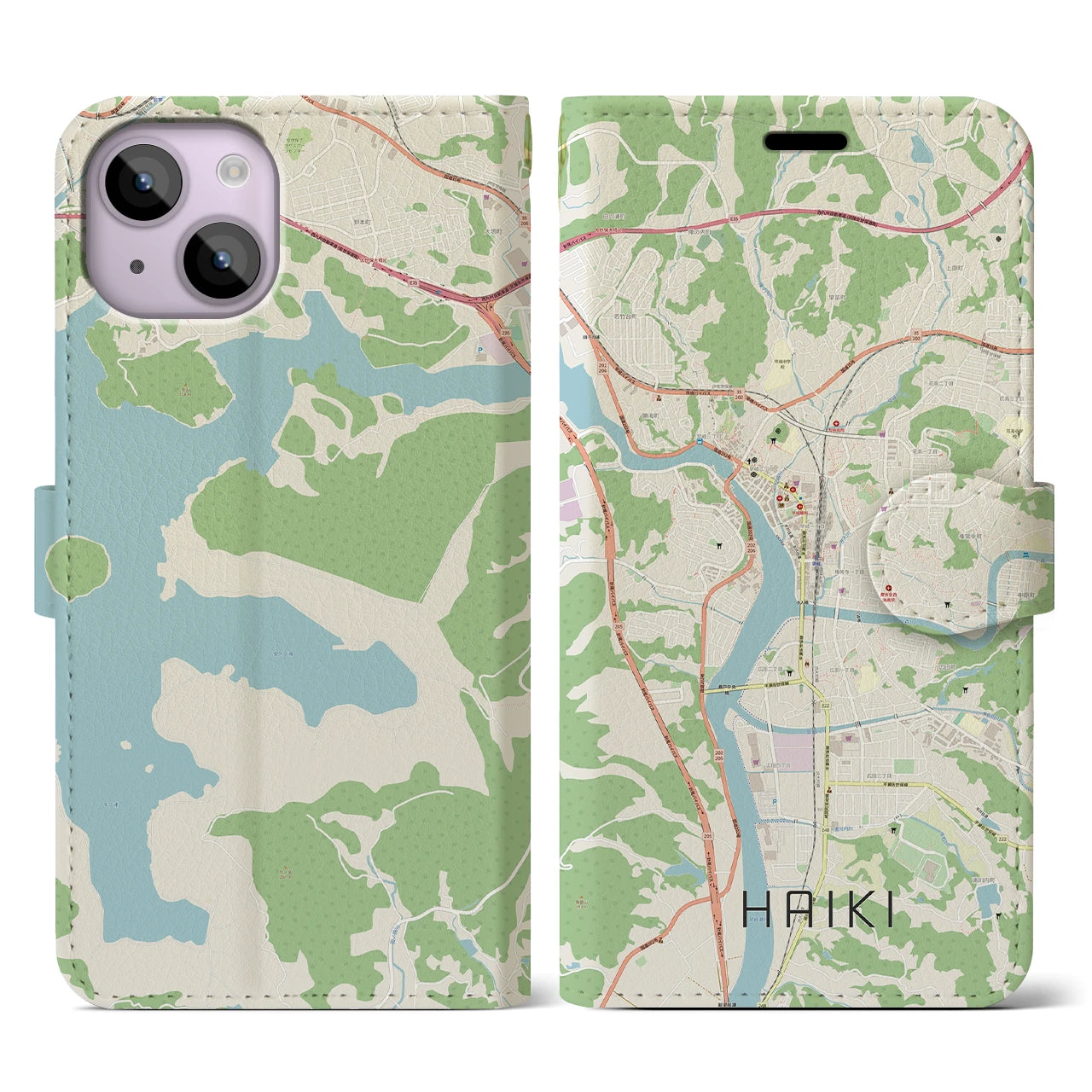 【早岐】地図柄iPhoneケース（手帳両面タイプ・ナチュラル）iPhone 14 用