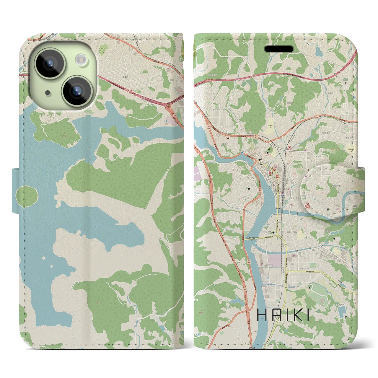 【早岐】地図柄iPhoneケース（手帳両面タイプ・ナチュラル）iPhone 15 用