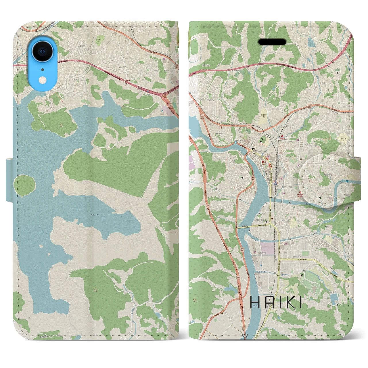 【早岐】地図柄iPhoneケース（手帳両面タイプ・ナチュラル）iPhone XR 用