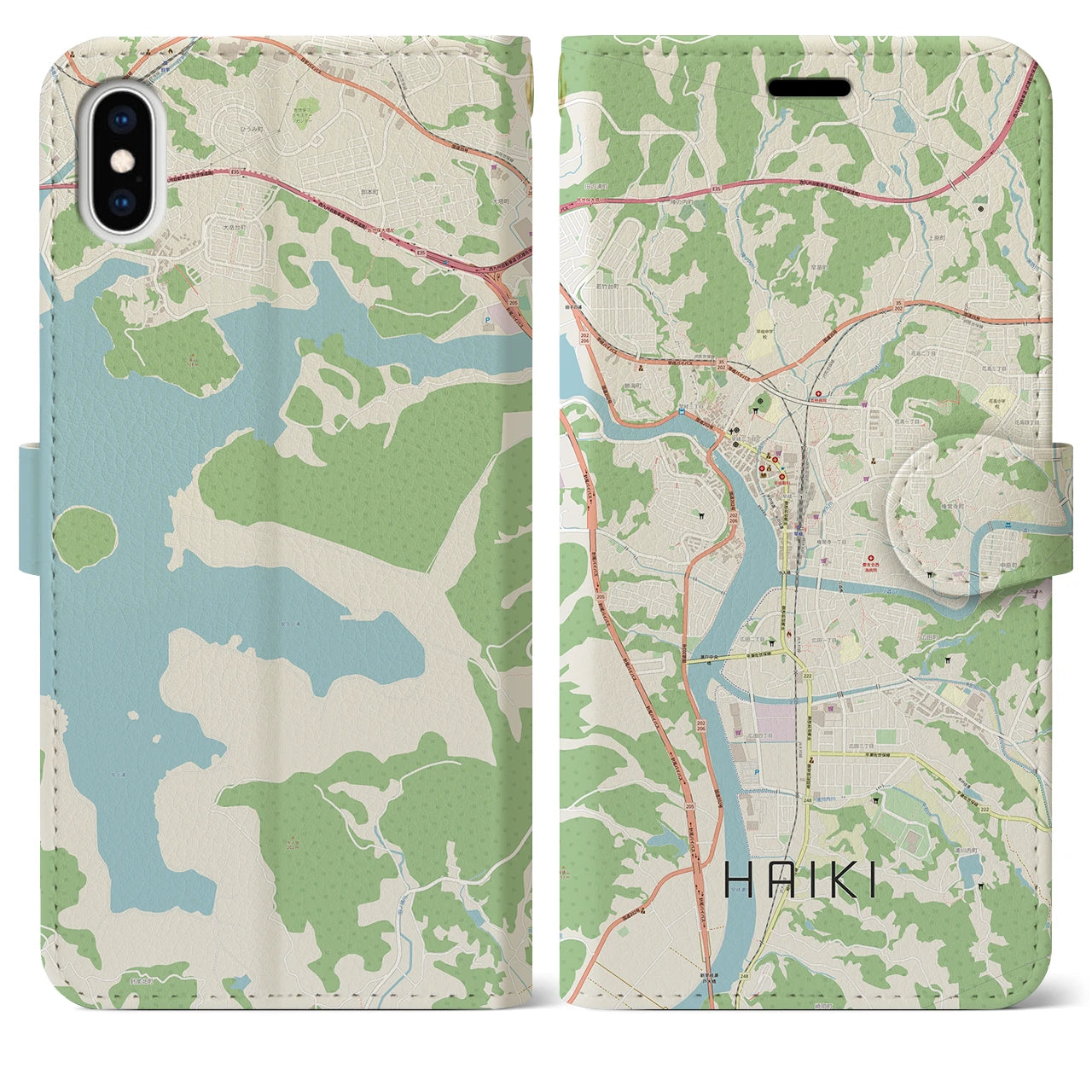 【早岐】地図柄iPhoneケース（手帳両面タイプ・ナチュラル）iPhone XS Max 用