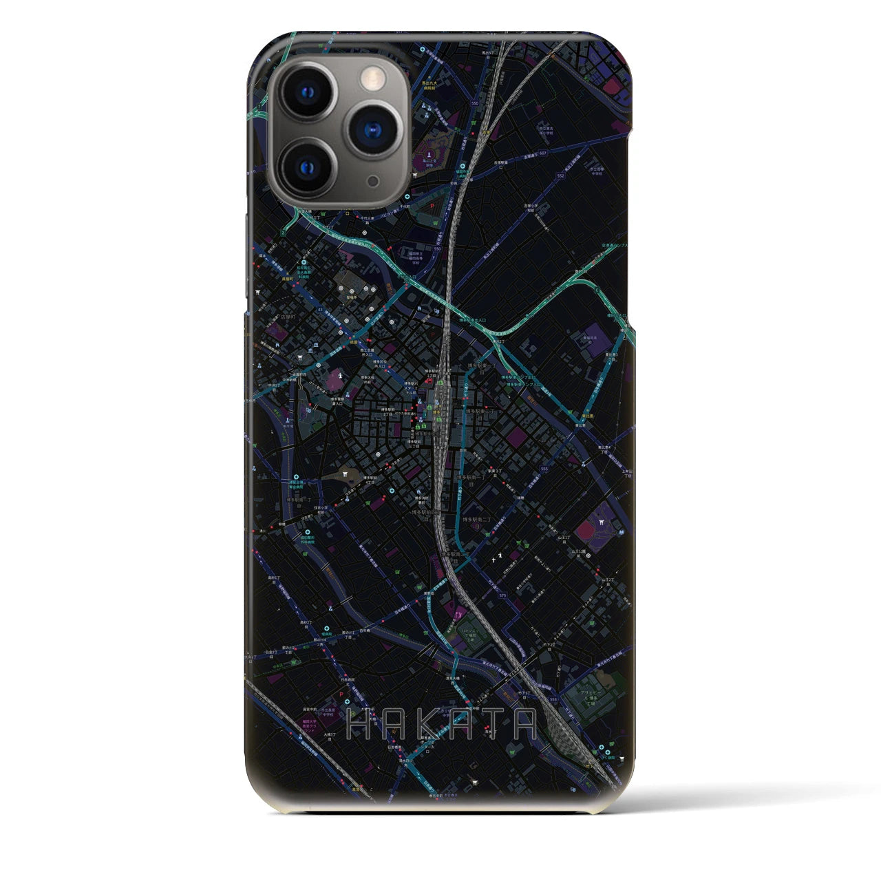 【博多2】地図柄iPhoneケース（バックカバータイプ・ブラック）iPhone 11 Pro Max 用