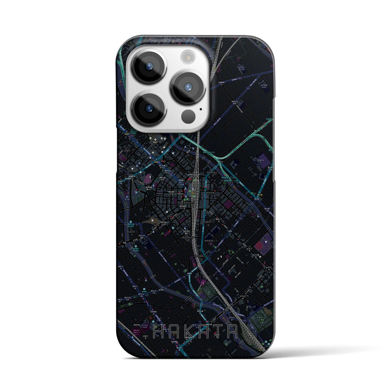 【博多2】地図柄iPhoneケース（バックカバータイプ・ブラック）iPhone 14 Pro 用
