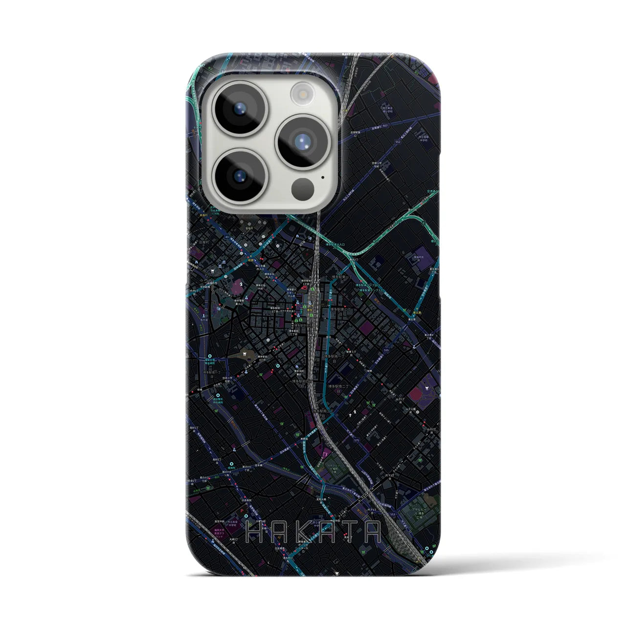 【博多2】地図柄iPhoneケース（バックカバータイプ・ブラック）iPhone 15 Pro 用