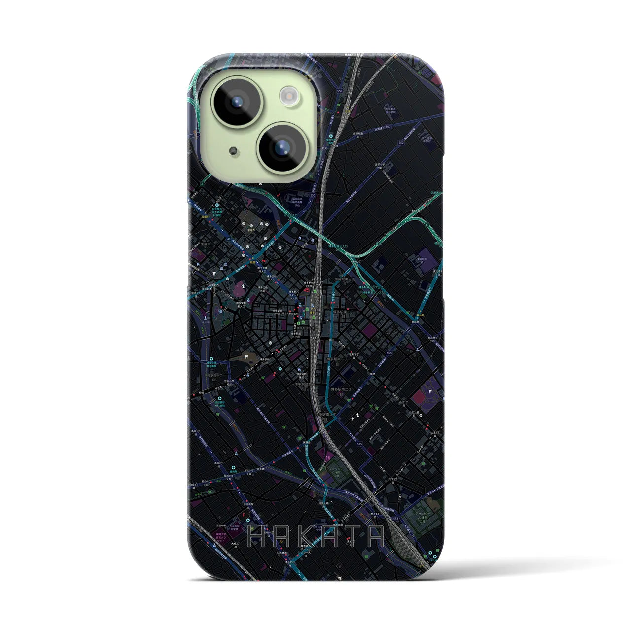 【博多2】地図柄iPhoneケース（バックカバータイプ・ブラック）iPhone 15 用