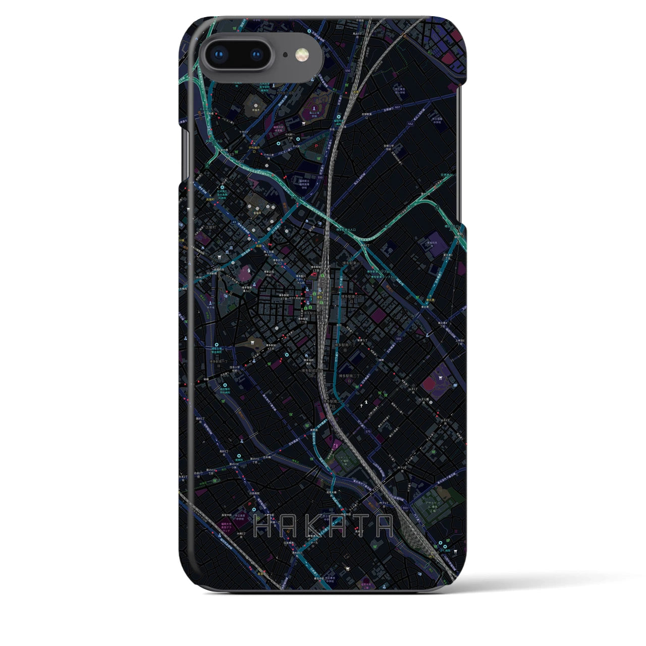 【博多2】地図柄iPhoneケース（バックカバータイプ・ブラック）iPhone 8Plus /7Plus / 6sPlus / 6Plus 用