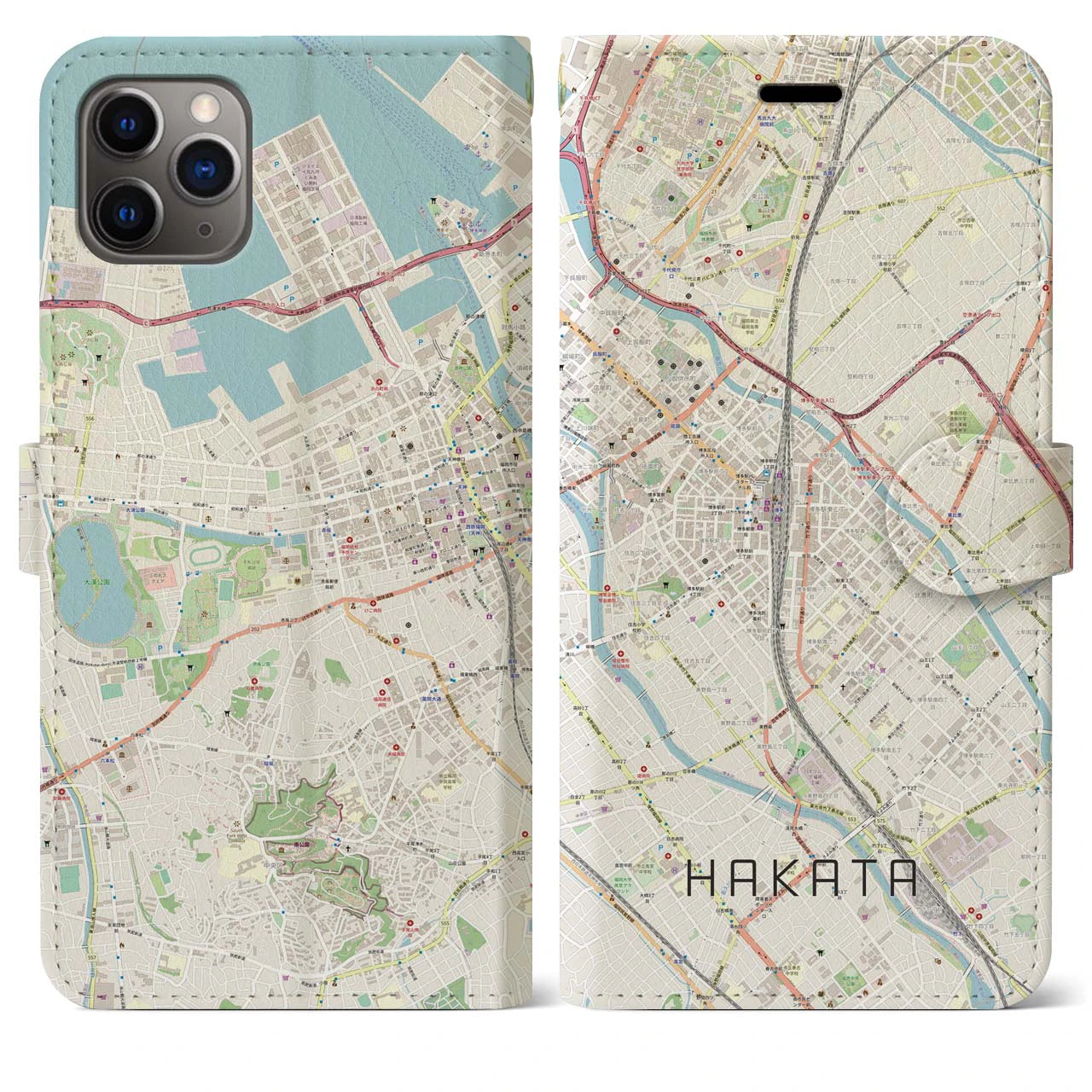 【博多2】地図柄iPhoneケース（手帳両面タイプ・ナチュラル）iPhone 11 Pro Max 用
