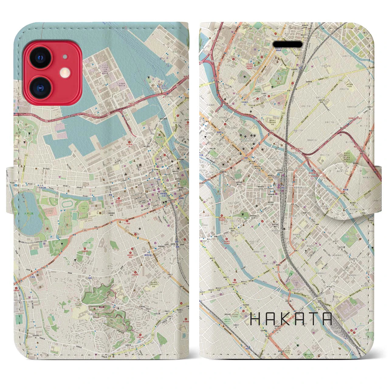 【博多2】地図柄iPhoneケース（手帳両面タイプ・ナチュラル）iPhone 11 用