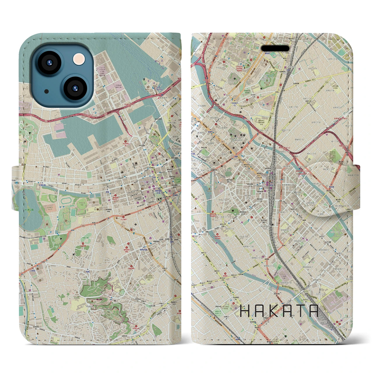 【博多2】地図柄iPhoneケース（手帳両面タイプ・ナチュラル）iPhone 13 用