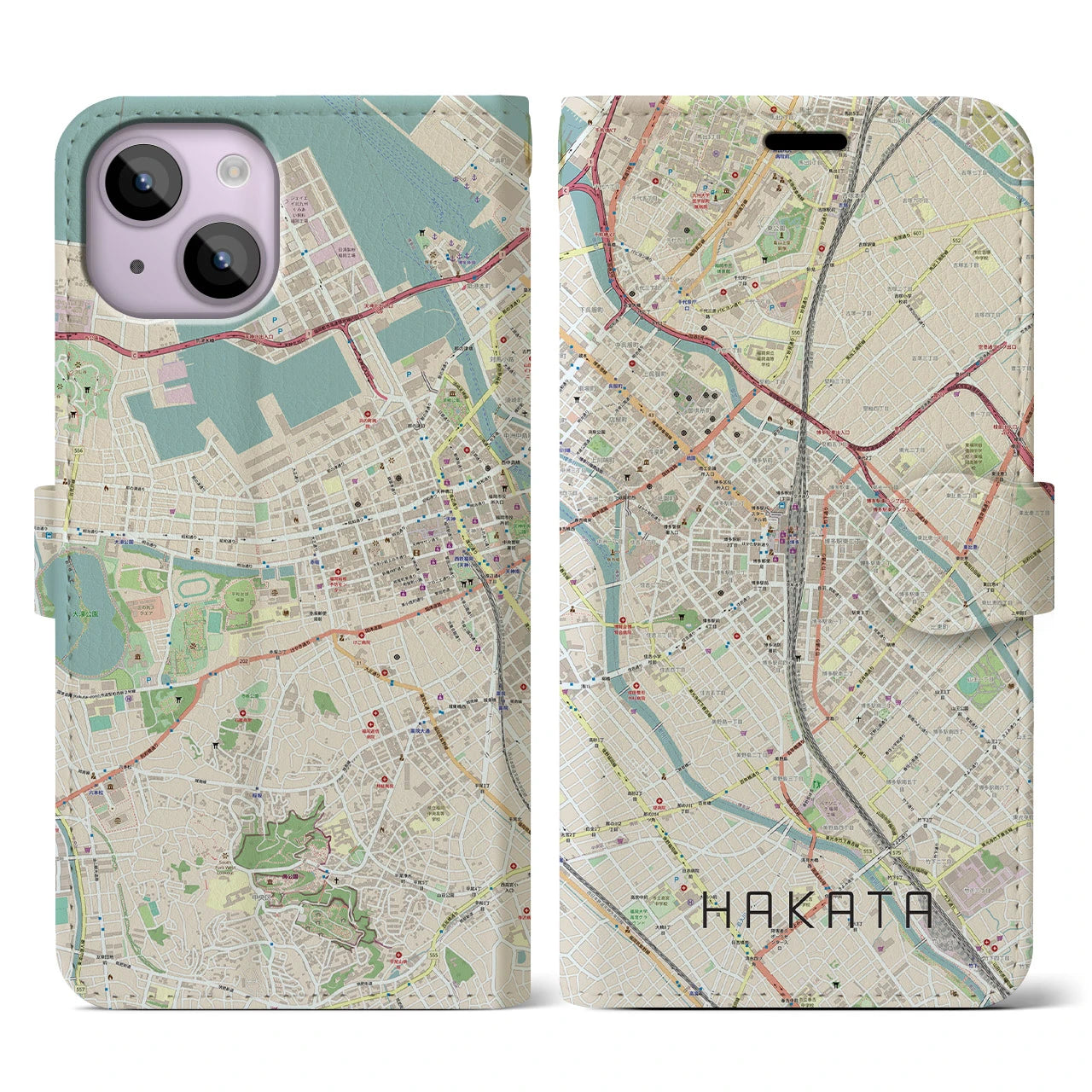 【博多2】地図柄iPhoneケース（手帳両面タイプ・ナチュラル）iPhone 14 用