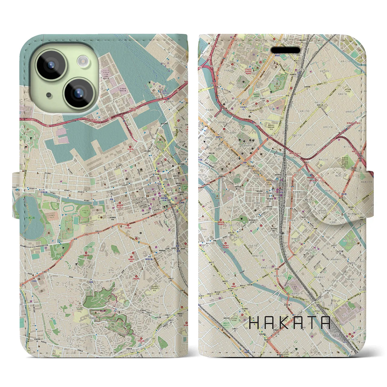 【博多2】地図柄iPhoneケース（手帳両面タイプ・ナチュラル）iPhone 15 用