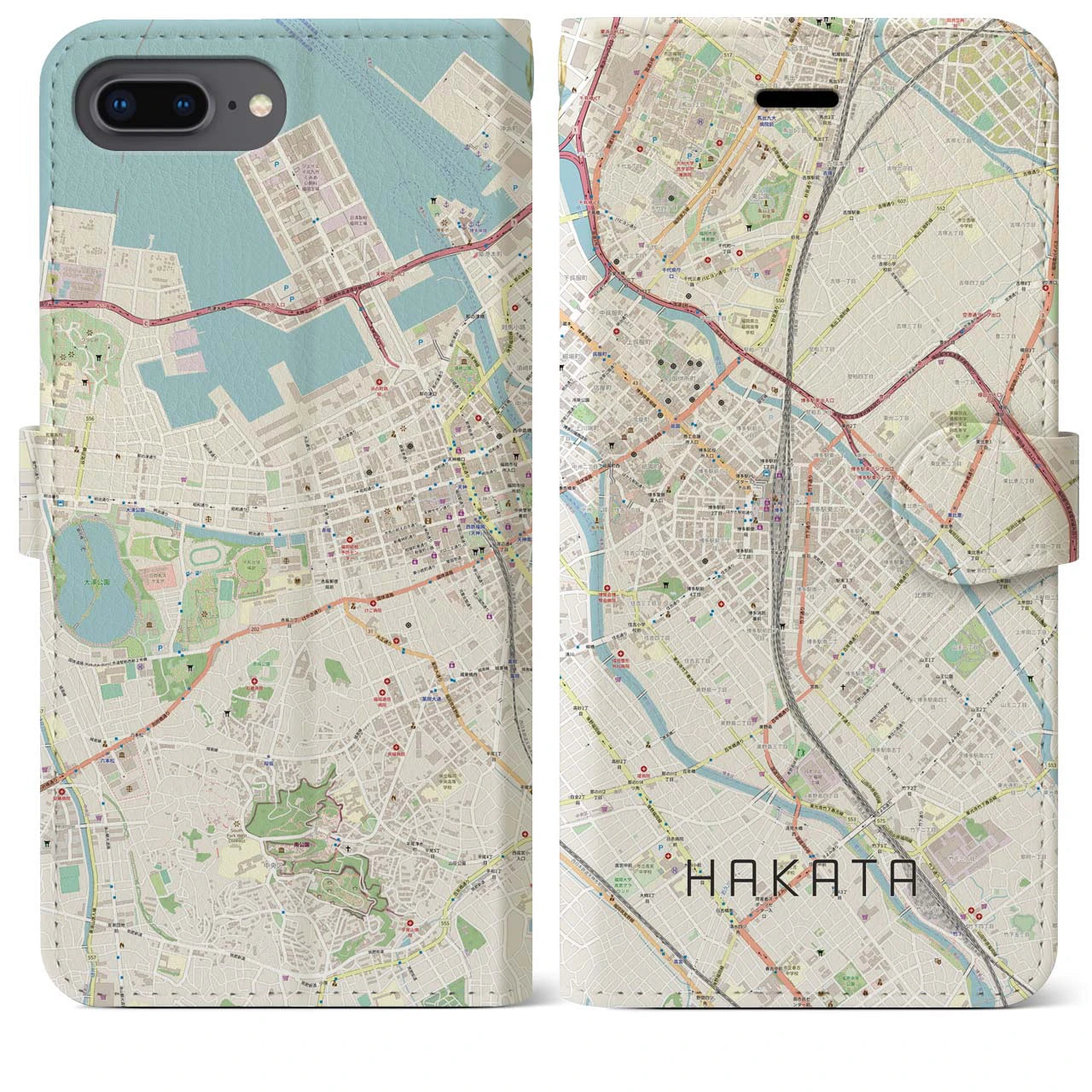 【博多2】地図柄iPhoneケース（手帳両面タイプ・ナチュラル）iPhone 8Plus /7Plus / 6sPlus / 6Plus 用