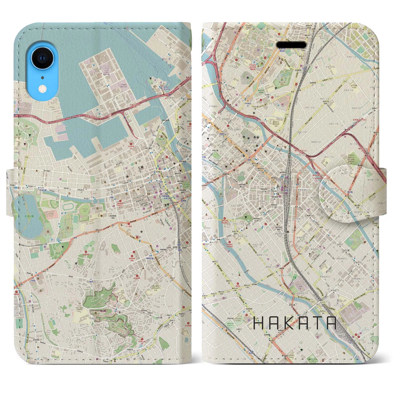 【博多2】地図柄iPhoneケース（手帳両面タイプ・ナチュラル）iPhone XR 用