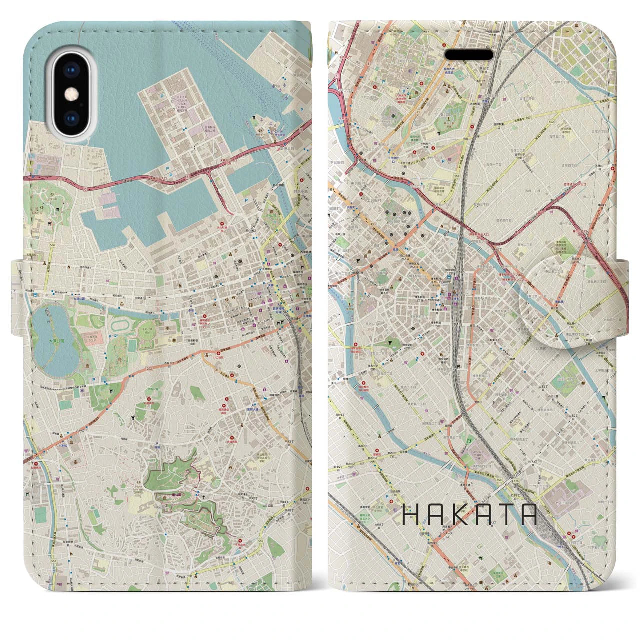 【博多2】地図柄iPhoneケース（手帳両面タイプ・ナチュラル）iPhone XS Max 用