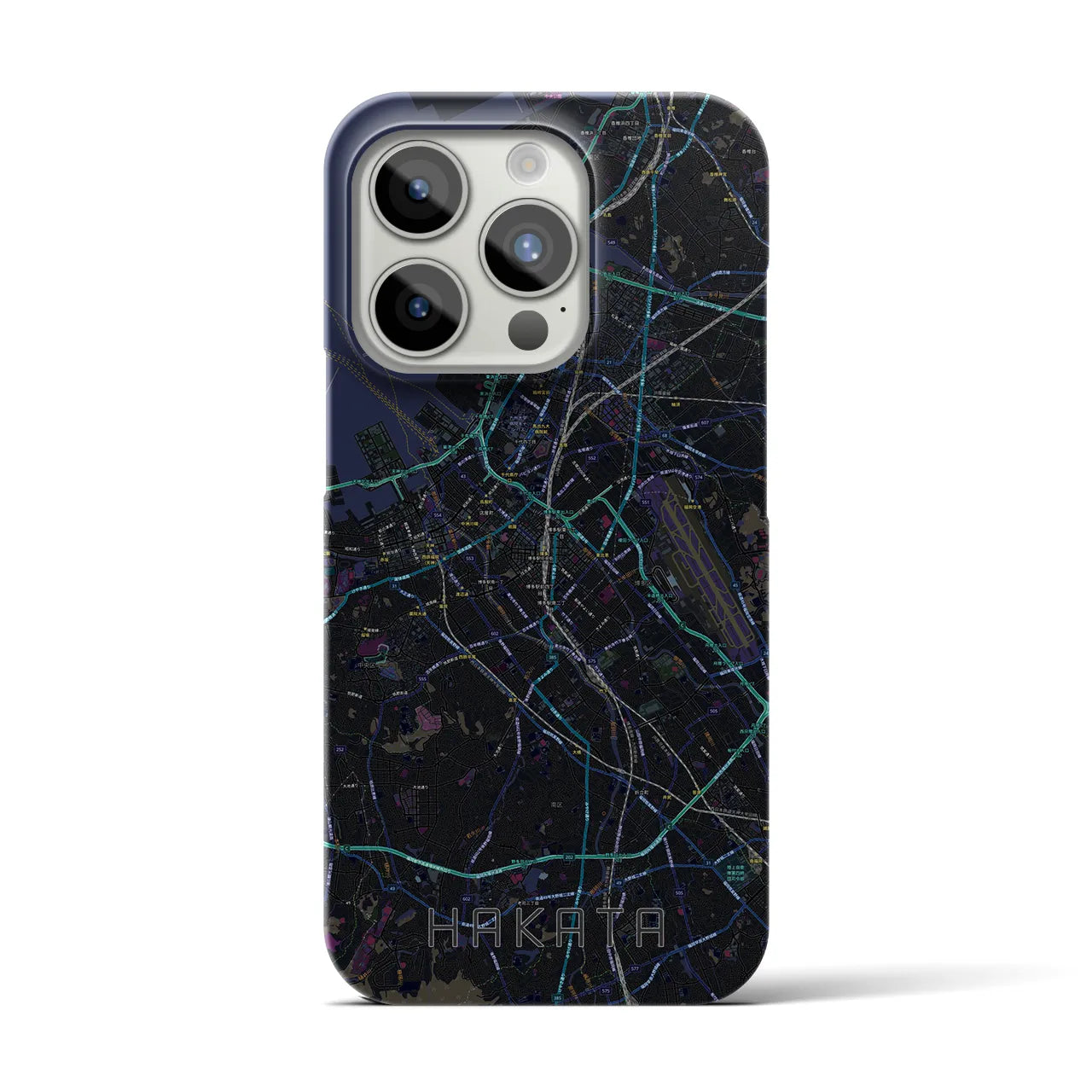 【博多】地図柄iPhoneケース（バックカバータイプ・ブラック）iPhone 15 Pro 用