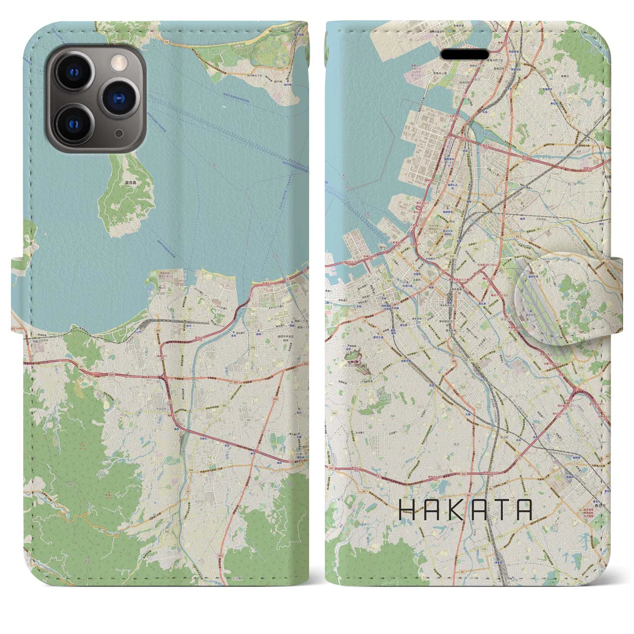 【博多】地図柄iPhoneケース（手帳両面タイプ・ナチュラル）iPhone 11 Pro Max 用