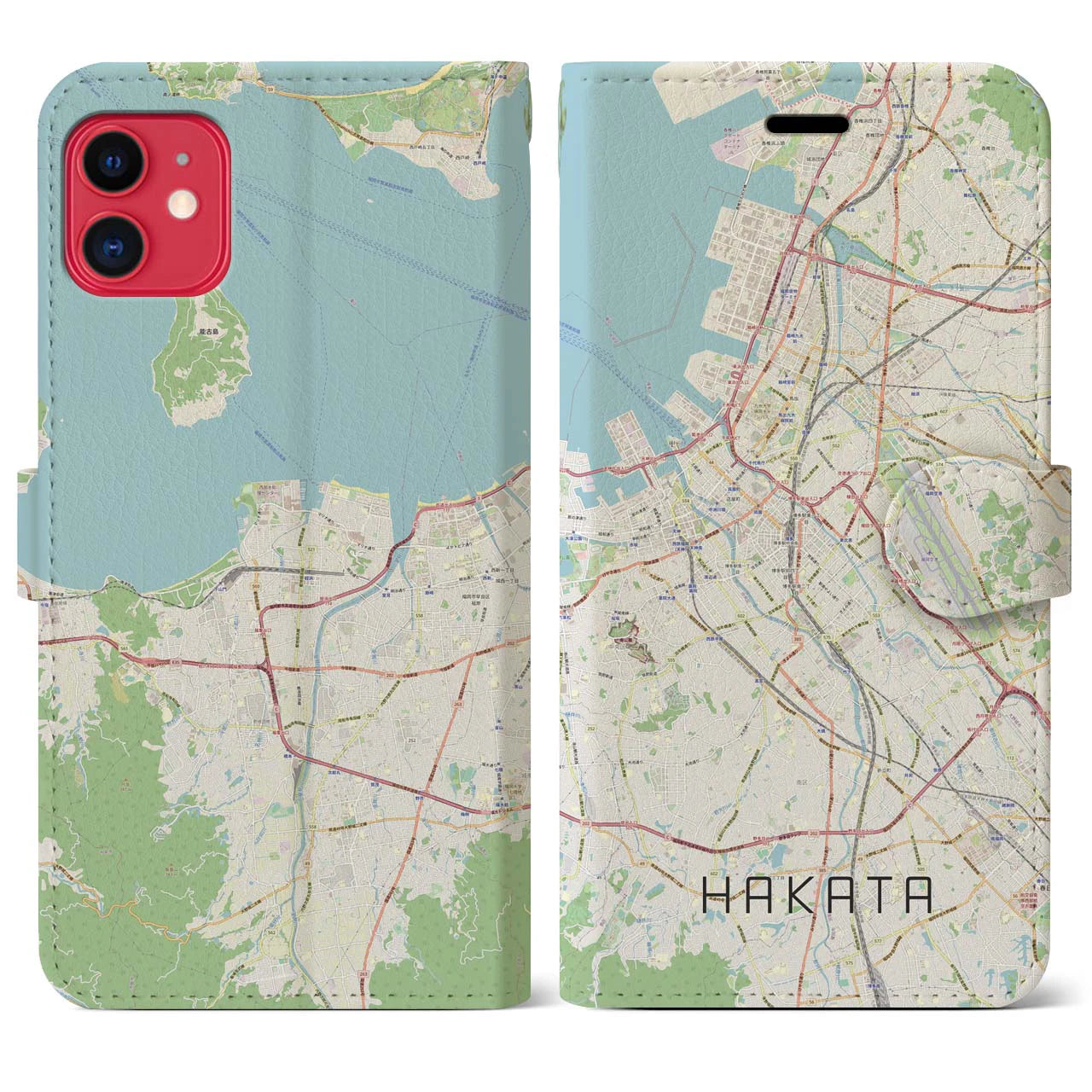 【博多】地図柄iPhoneケース（手帳両面タイプ・ナチュラル）iPhone 11 用