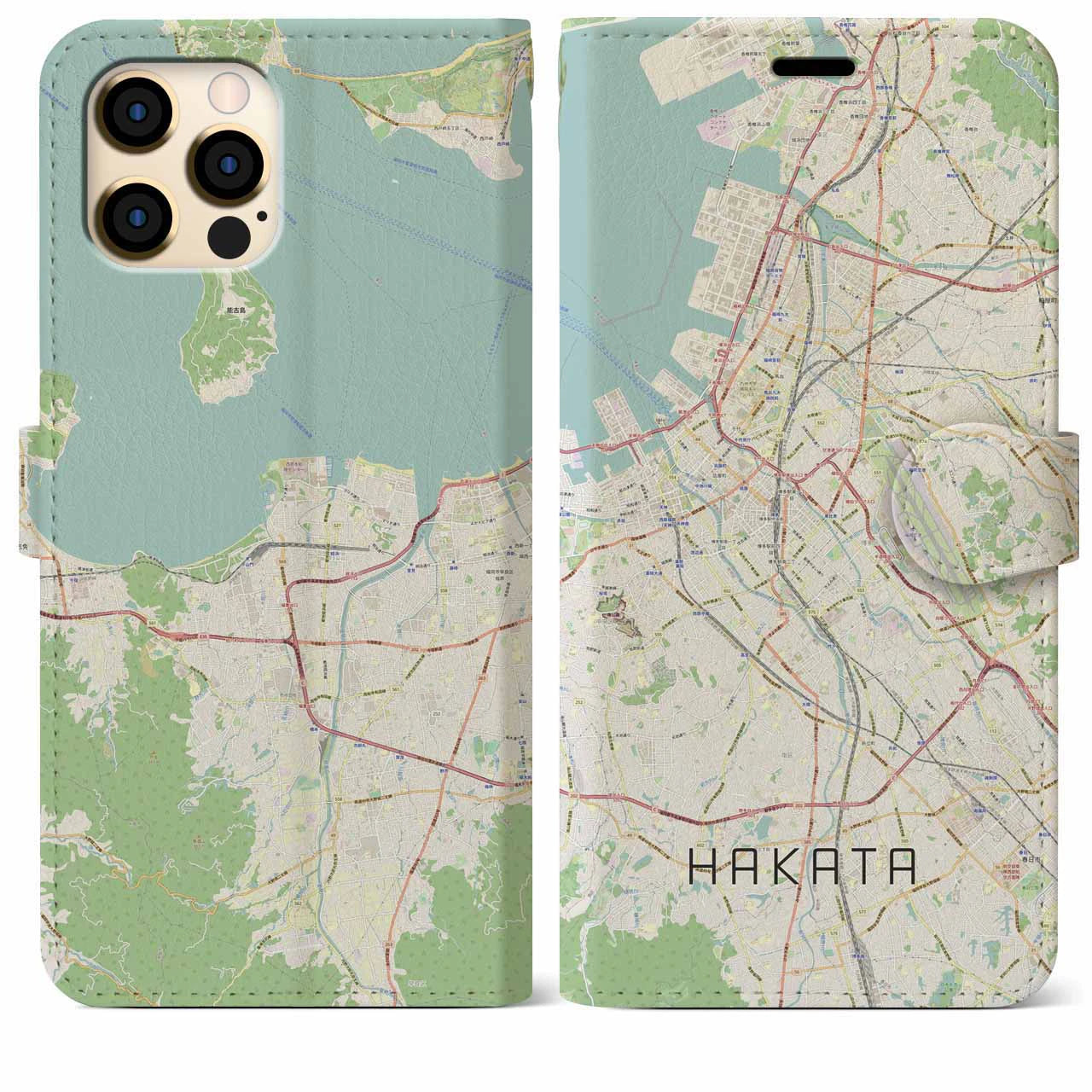【博多】地図柄iPhoneケース（手帳両面タイプ・ナチュラル）iPhone 12 Pro Max 用