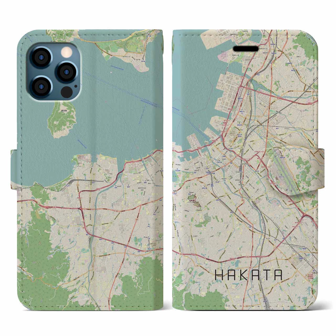 【博多】地図柄iPhoneケース（手帳両面タイプ・ナチュラル）iPhone 12 / 12 Pro 用
