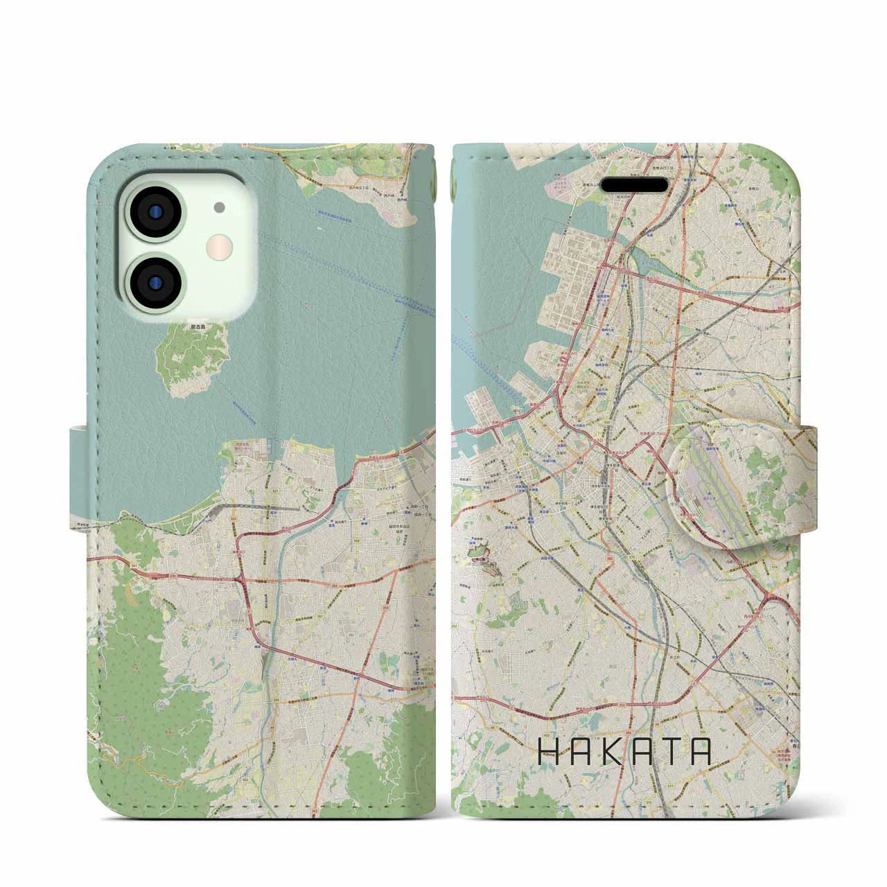 【博多】地図柄iPhoneケース（手帳両面タイプ・ナチュラル）iPhone 12 mini 用